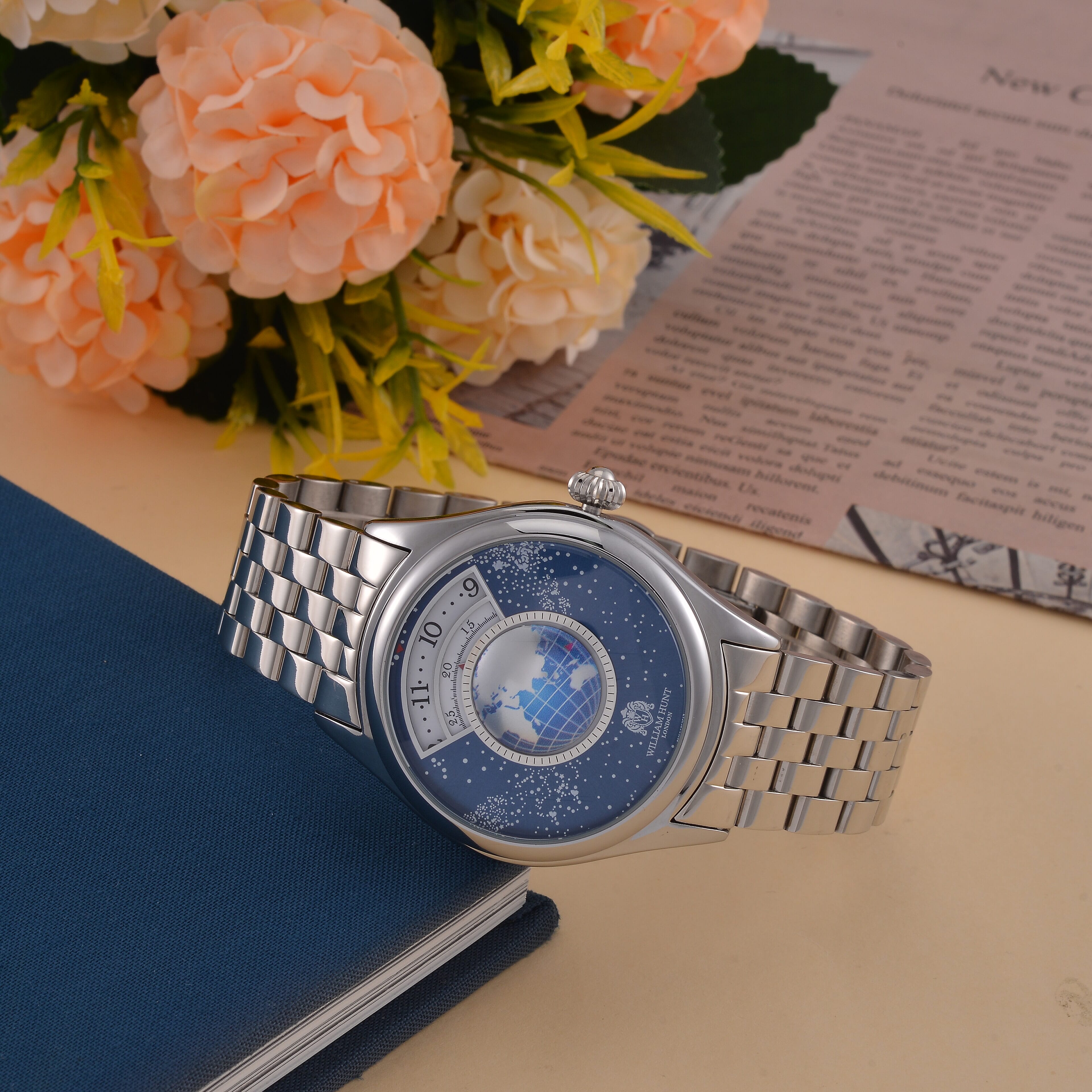 William Hunt Limited Edition Constellation Automatic Watch With Rotating Globe Presented in a Gift Box - Silver