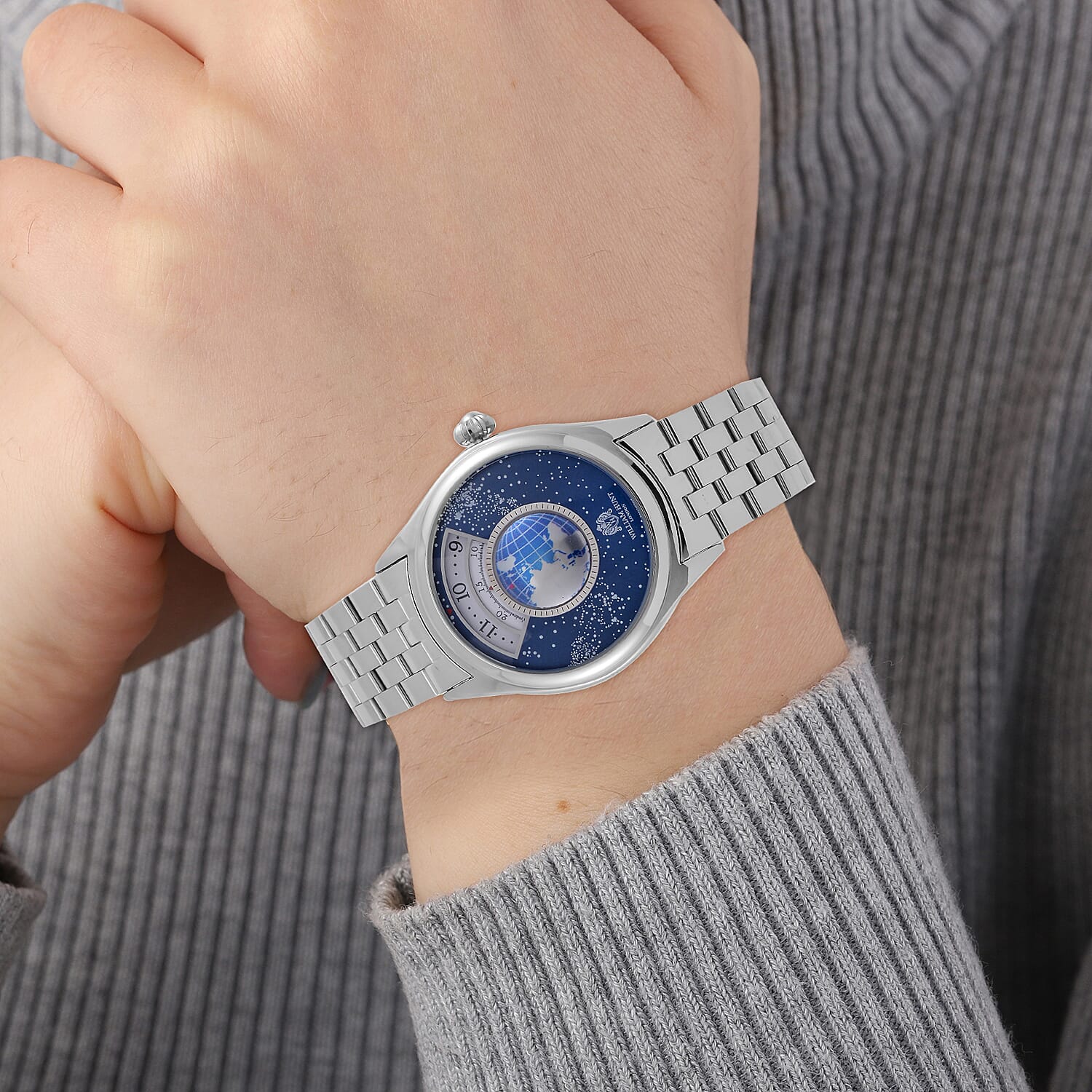 William Hunt Limited Edition Constellation Automatic Watch With Rotating Globe Presented in a Gift Box - Silver