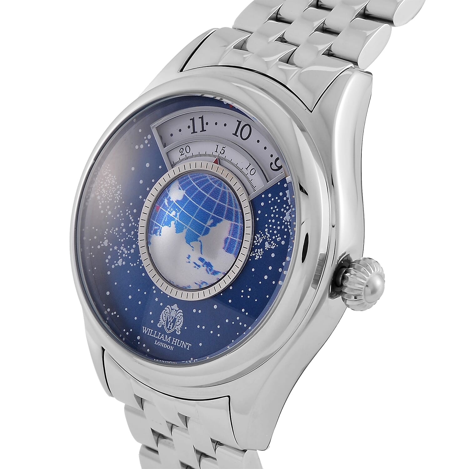 William Hunt Limited Edition Constellation Automatic Watch With Rotating Globe Presented in a Gift Box - Silver