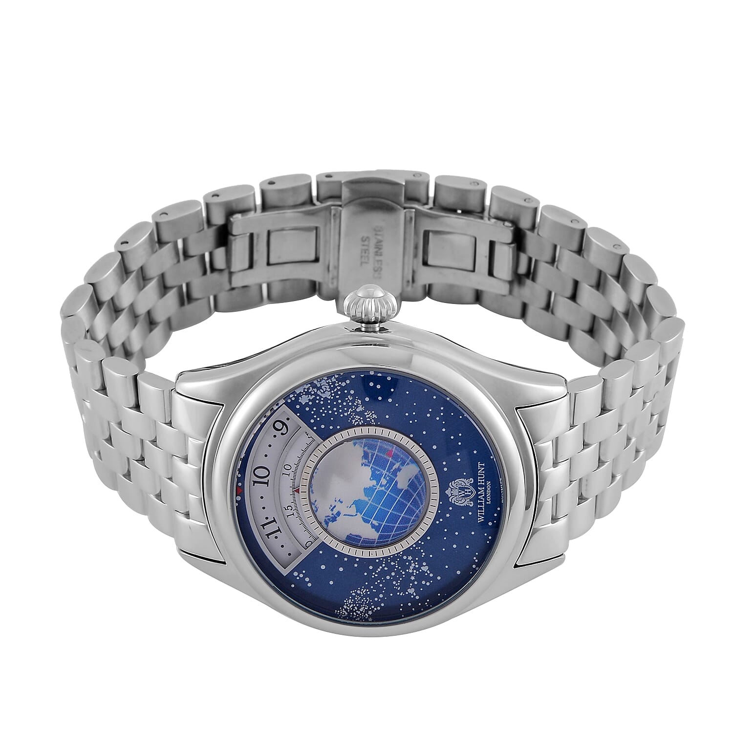 William Hunt Limited Edition Constellation Automatic Watch With Rotating Globe Presented in a Gift Box - Silver