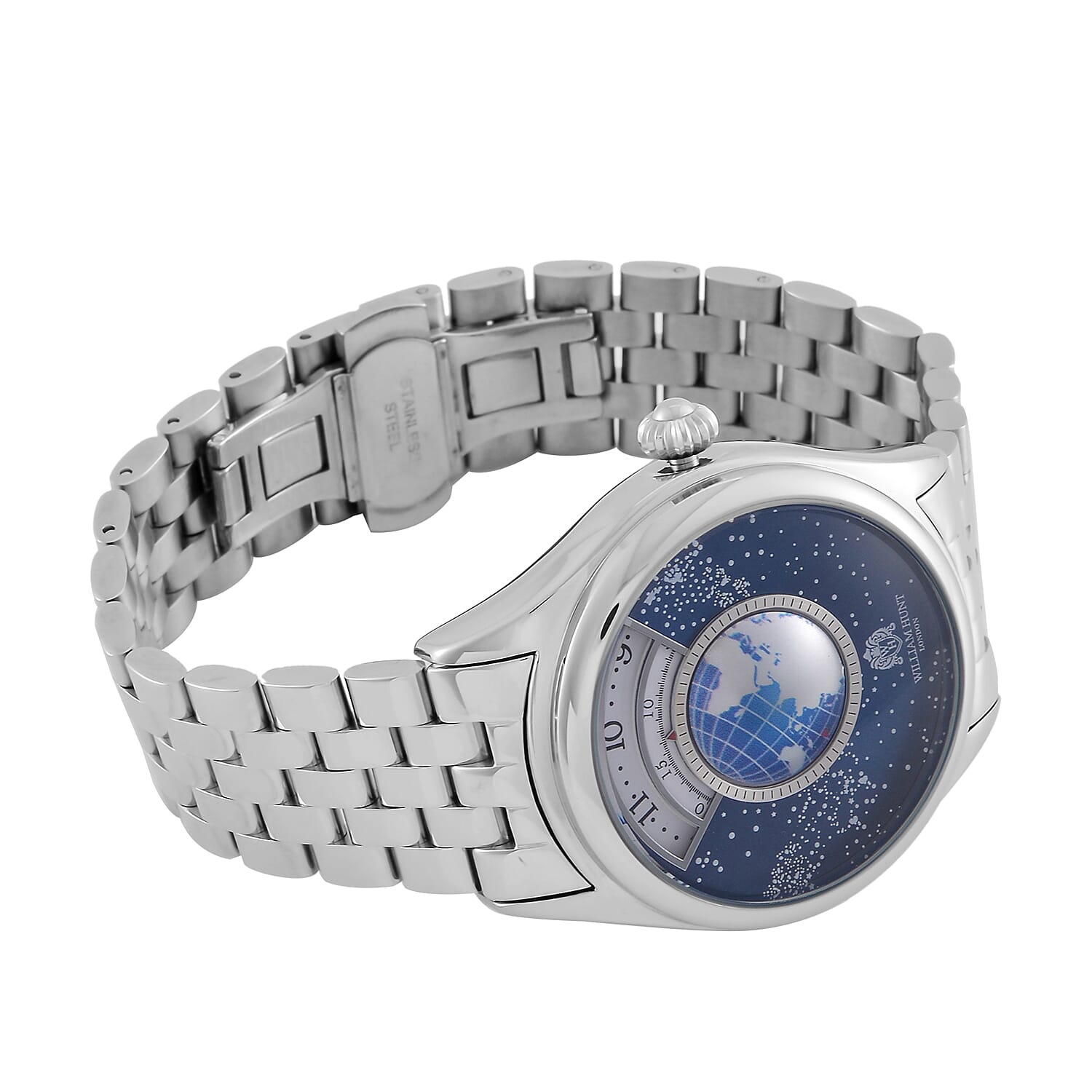 William Hunt Limited Edition Constellation Automatic Watch With Rotating Globe Presented in a Gift Box - Silver