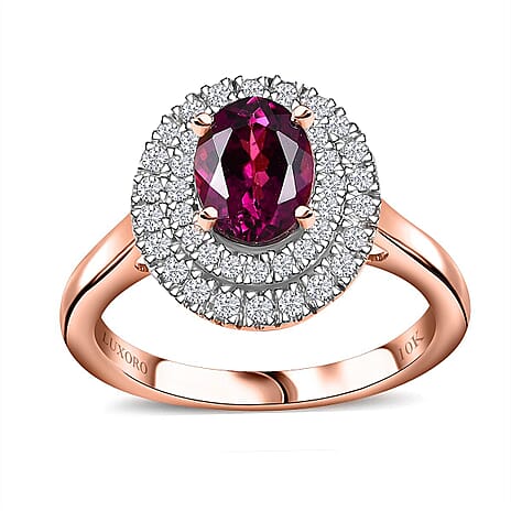 10K Rose Gold AAA Radiant Ember Garnet, White Diamond I2 Main Stone With Side Stone Ring, Gold Wt.3.6 Gms  1.965  Ct.