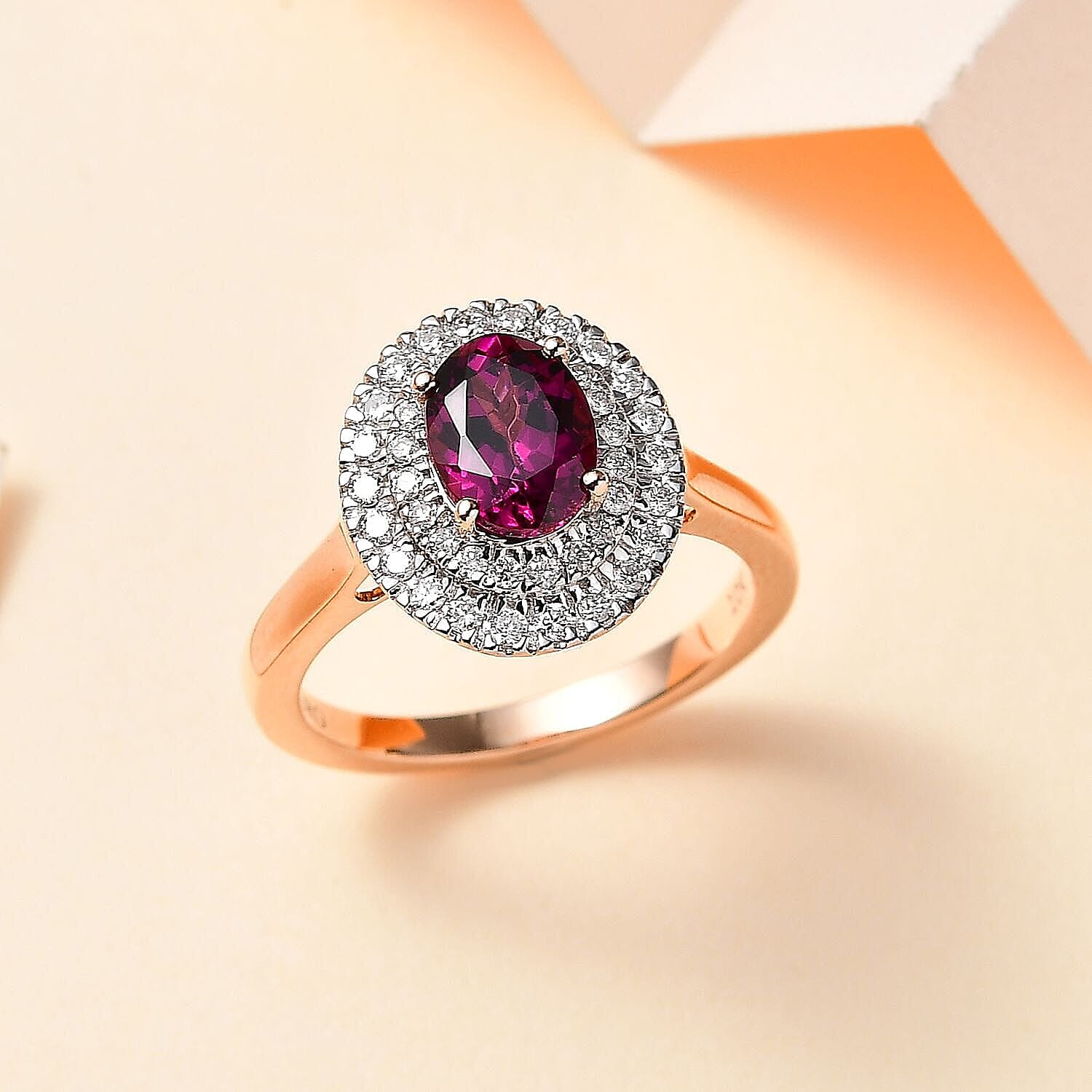 10K Rose Gold AAA Radiant Ember Garnet, White Diamond I2 Main Stone With Side Stone Ring, Gold Wt.3.6 Gms  1.965  Ct.