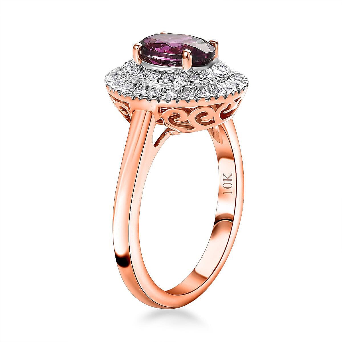 10K Rose Gold AAA Radiant Ember Garnet, White Diamond I2 Main Stone With Side Stone Ring, Gold Wt.3.6 Gms  1.965  Ct.