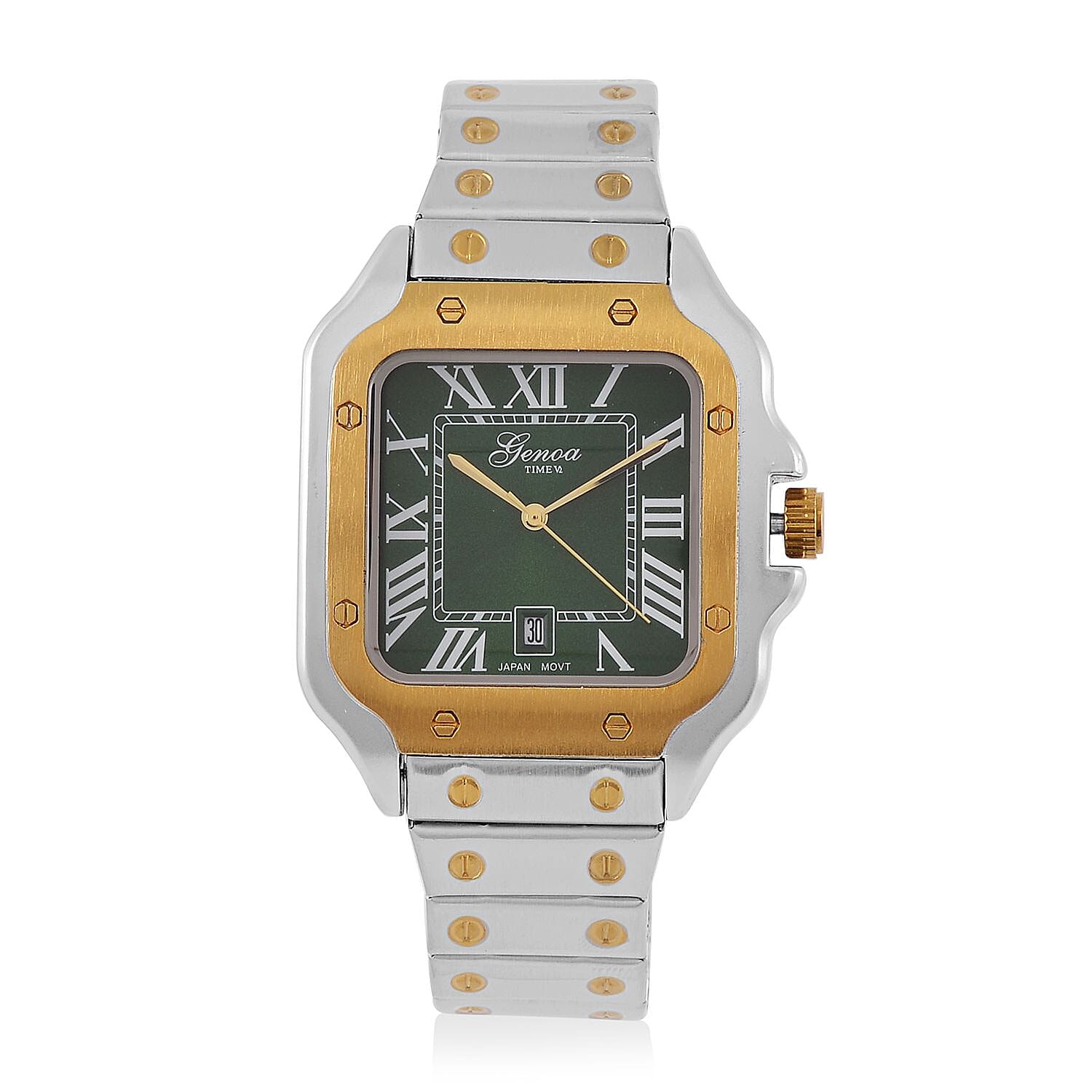 Designer Inspired Closeout - GENOA TIME V2 Japan Movt. Sunshine Literal Green Dial with Date 3 ATM WR Watch in Stainless Steel Strap - Dual Tone