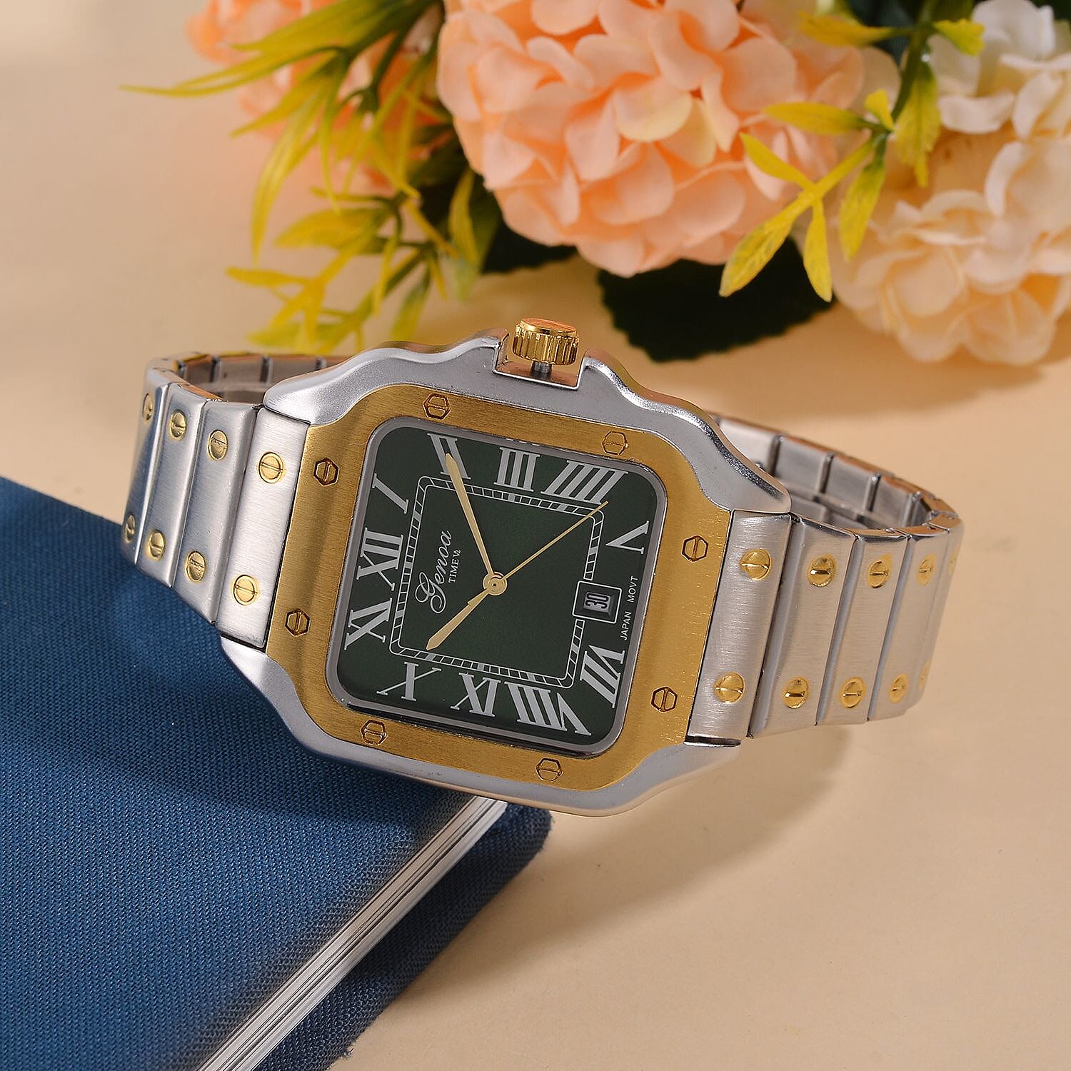 Designer Inspired Closeout - GENOA TIME V2 Japan Movt. Sunshine Literal Green Dial with Date 3 ATM WR Watch in Stainless Steel Strap - Dual Tone