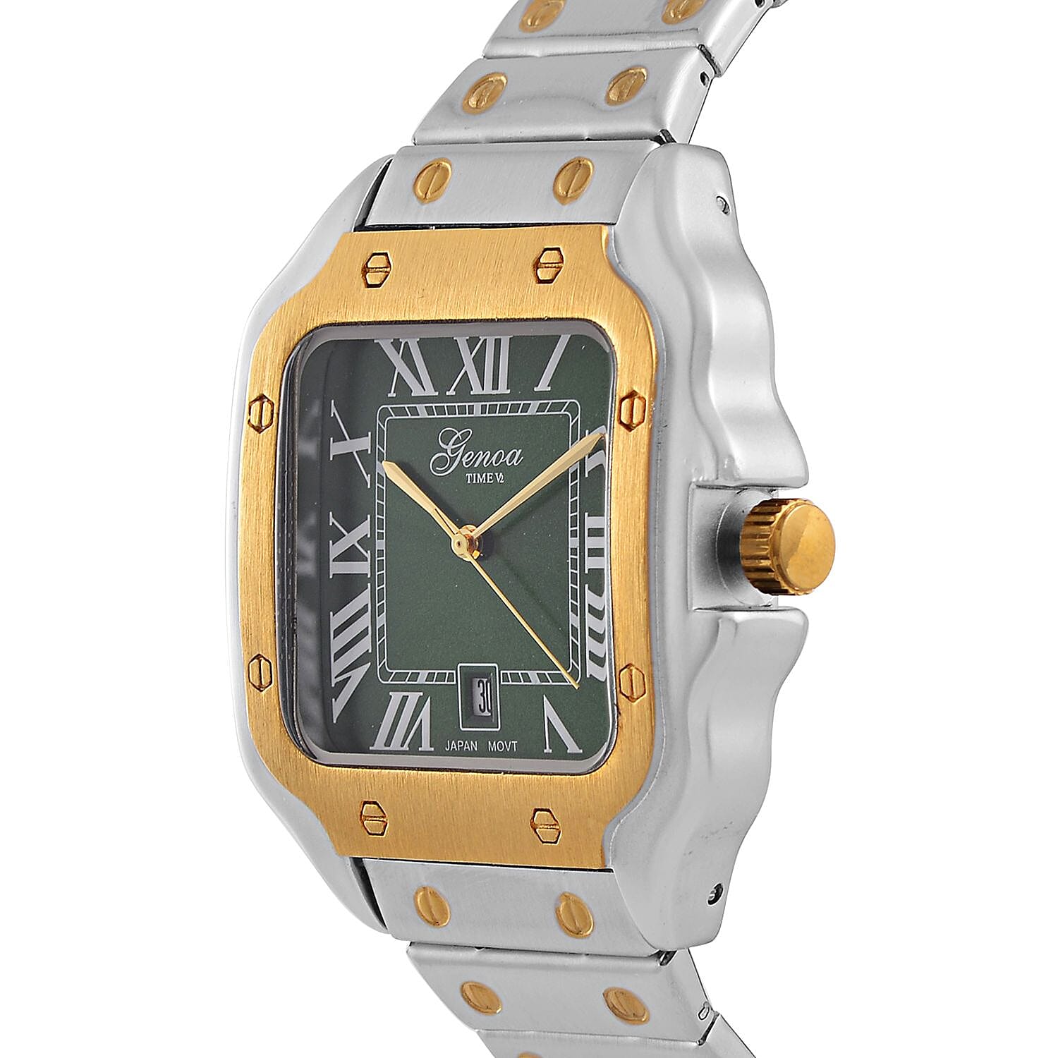 Designer Inspired Closeout - GENOA TIME V2 Japan Movt. Sunshine Literal Green Dial with Date 3 ATM WR Watch in Stainless Steel Strap - Dual Tone