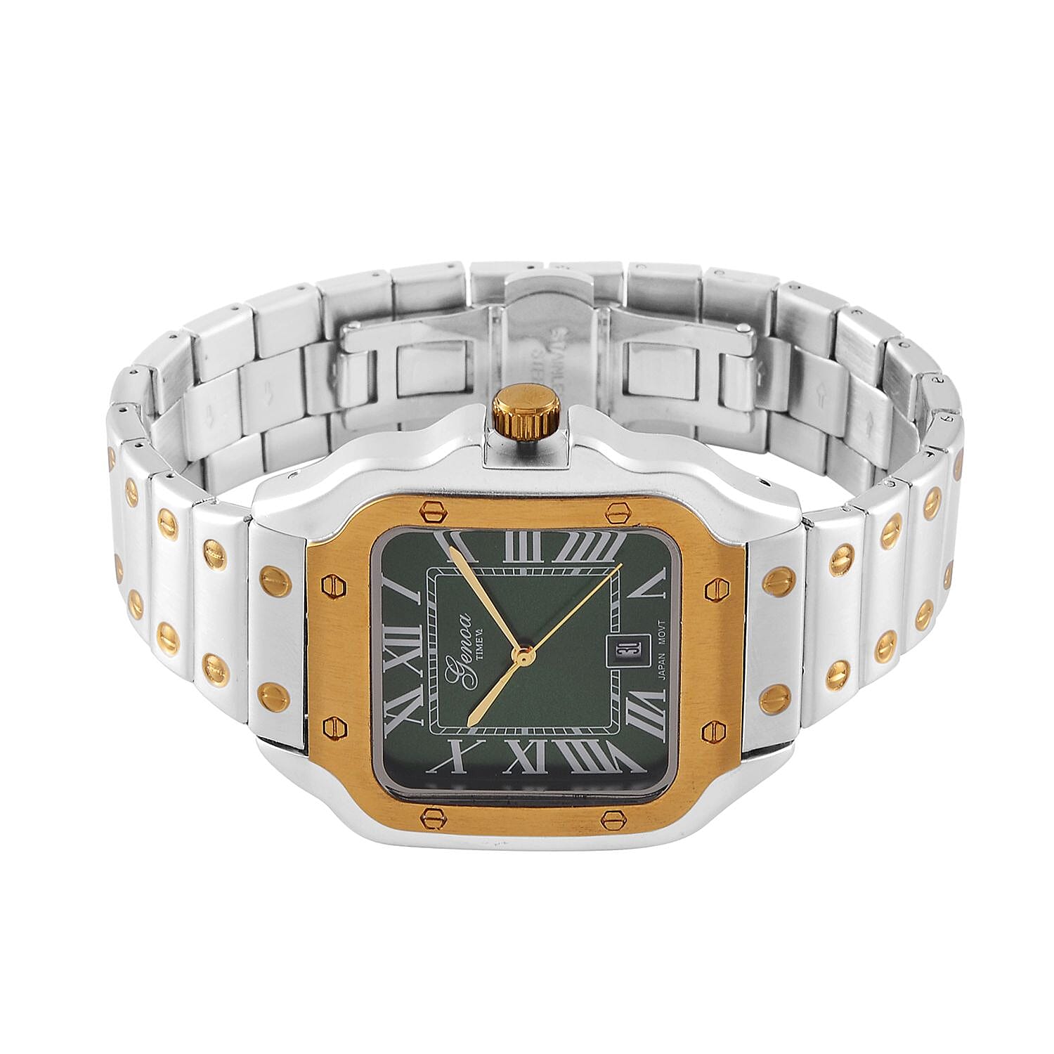 Designer Inspired Closeout - GENOA TIME V2 Japan Movt. Sunshine Literal Green Dial with Date 3 ATM WR Watch in Stainless Steel Strap - Dual Tone