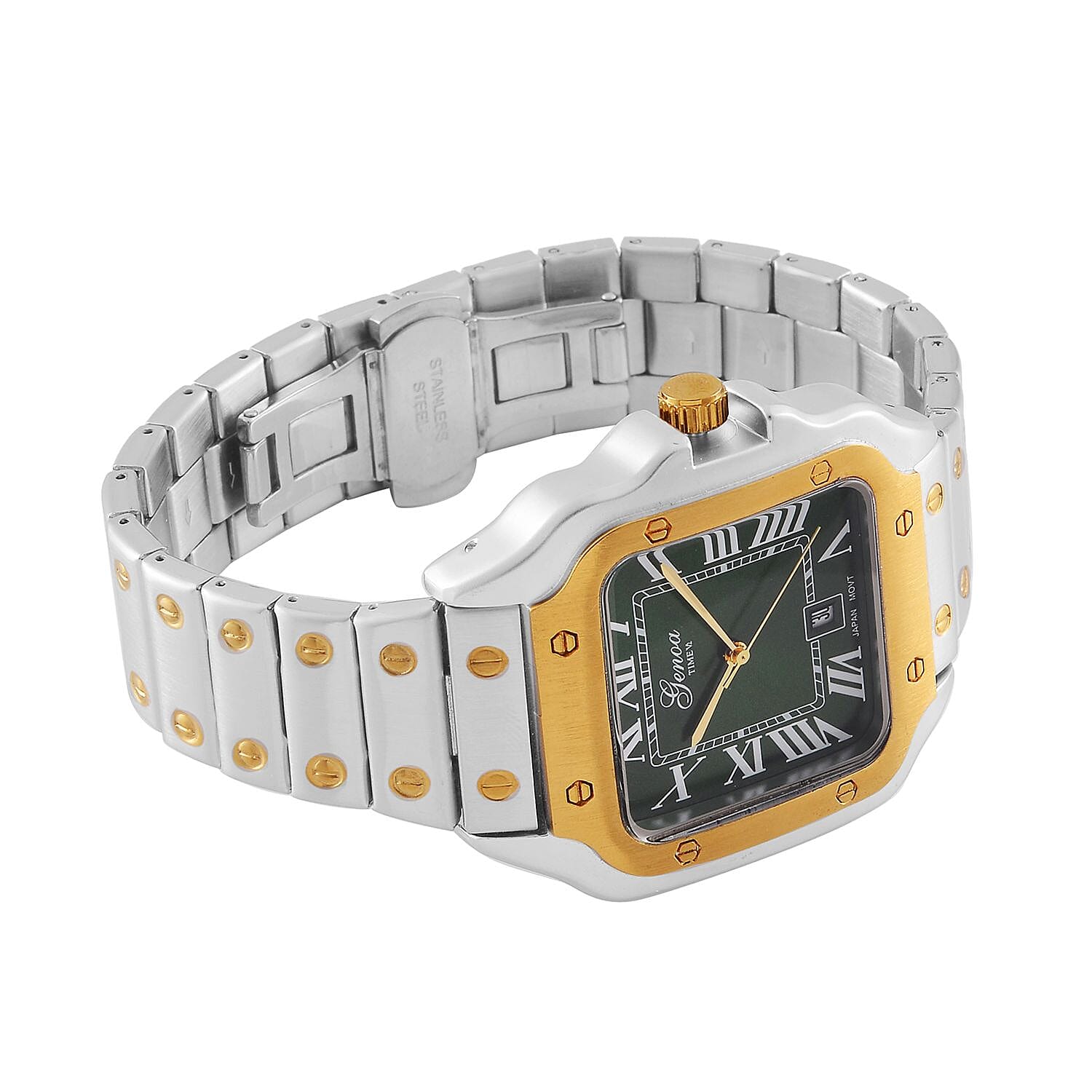 Designer Inspired Closeout - GENOA TIME V2 Japan Movt. Sunshine Literal Green Dial with Date 3 ATM WR Watch in Stainless Steel Strap - Dual Tone