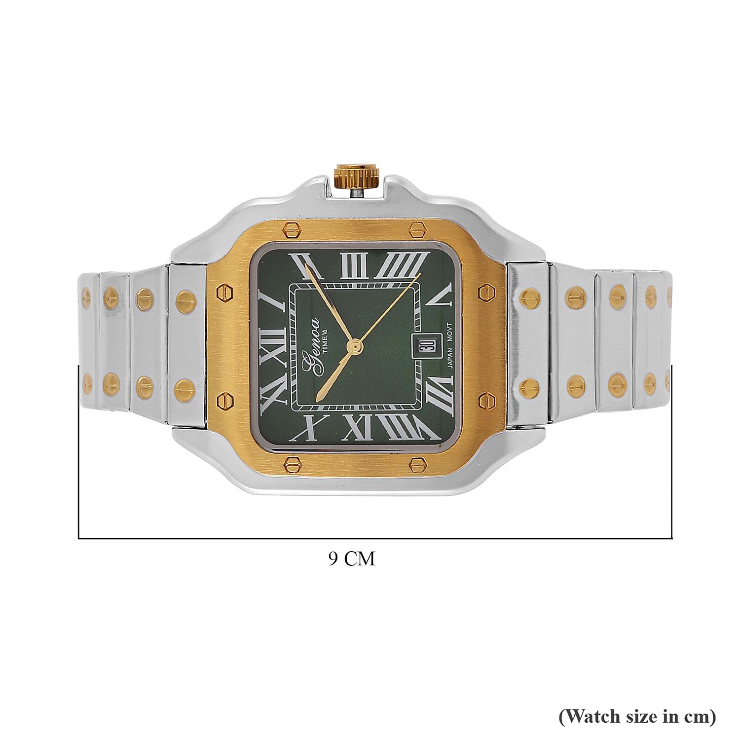 Designer Inspired Closeout - GENOA TIME V2 Japan Movt. Sunshine Literal Green Dial with Date 3 ATM WR Watch in Stainless Steel Strap - Dual Tone