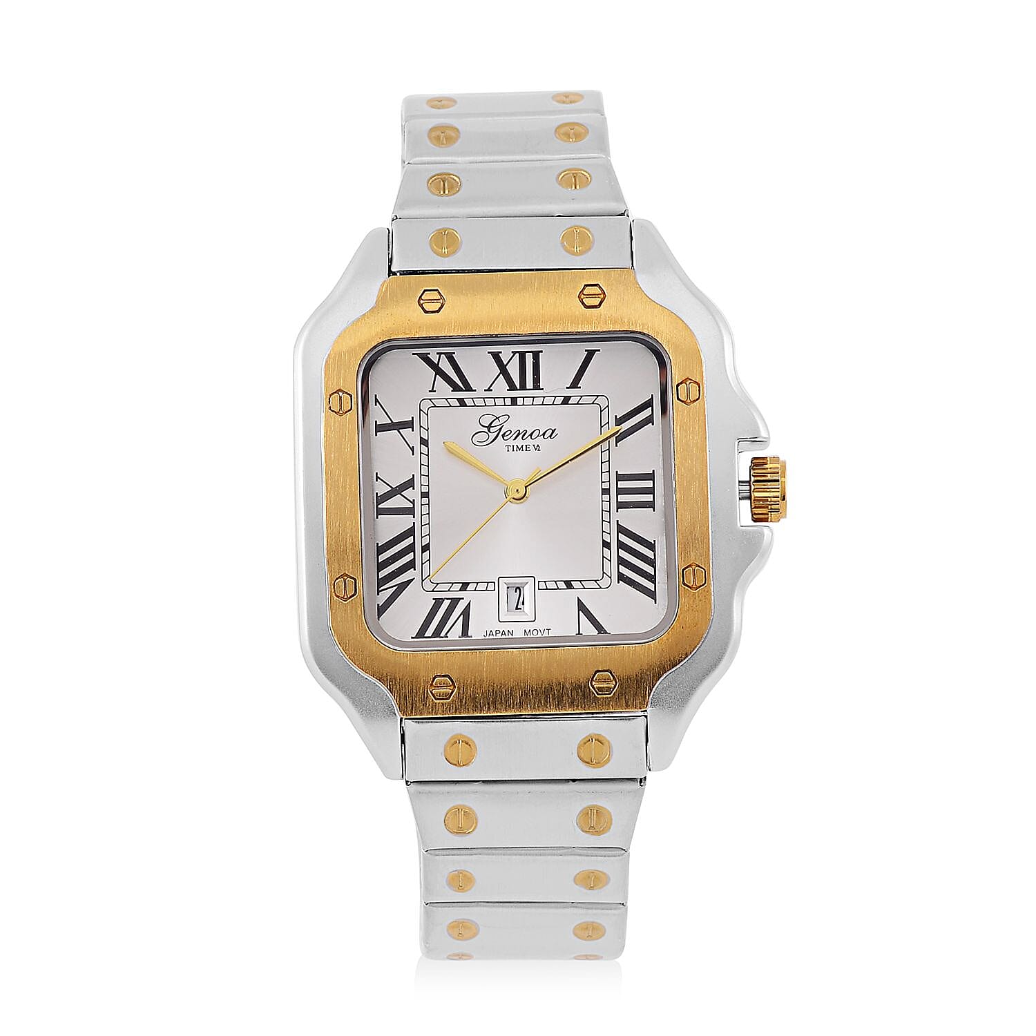 Designer Inspired Closeout - GENOA TIME V2 Japan Movt. Silver Sunshine Literal Dial with Date 3 ATM WR Watch in Stainless Steel Strap - Dual Tone