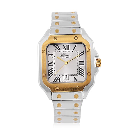 Designer Inspired Closeout - GENOA TIME V2 Japan Movt. Silver Sunshine Literal Dial with Date 3 ATM WR Watch in Stainless Steel Strap - Dual Tone