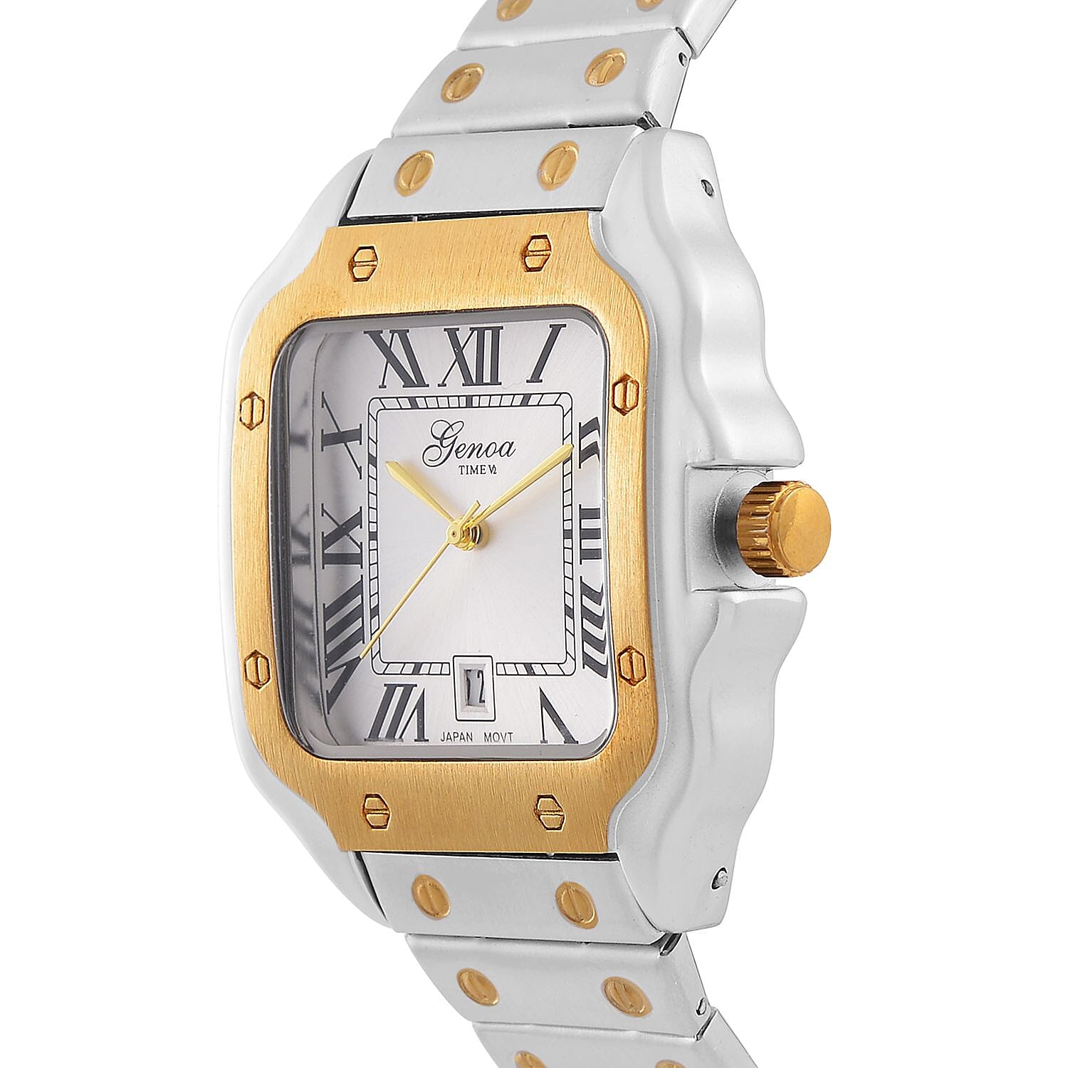 Designer Inspired Closeout - GENOA TIME V2 Japan Movt. Silver Sunshine Literal Dial with Date 3 ATM WR Watch in Stainless Steel Strap - Dual Tone