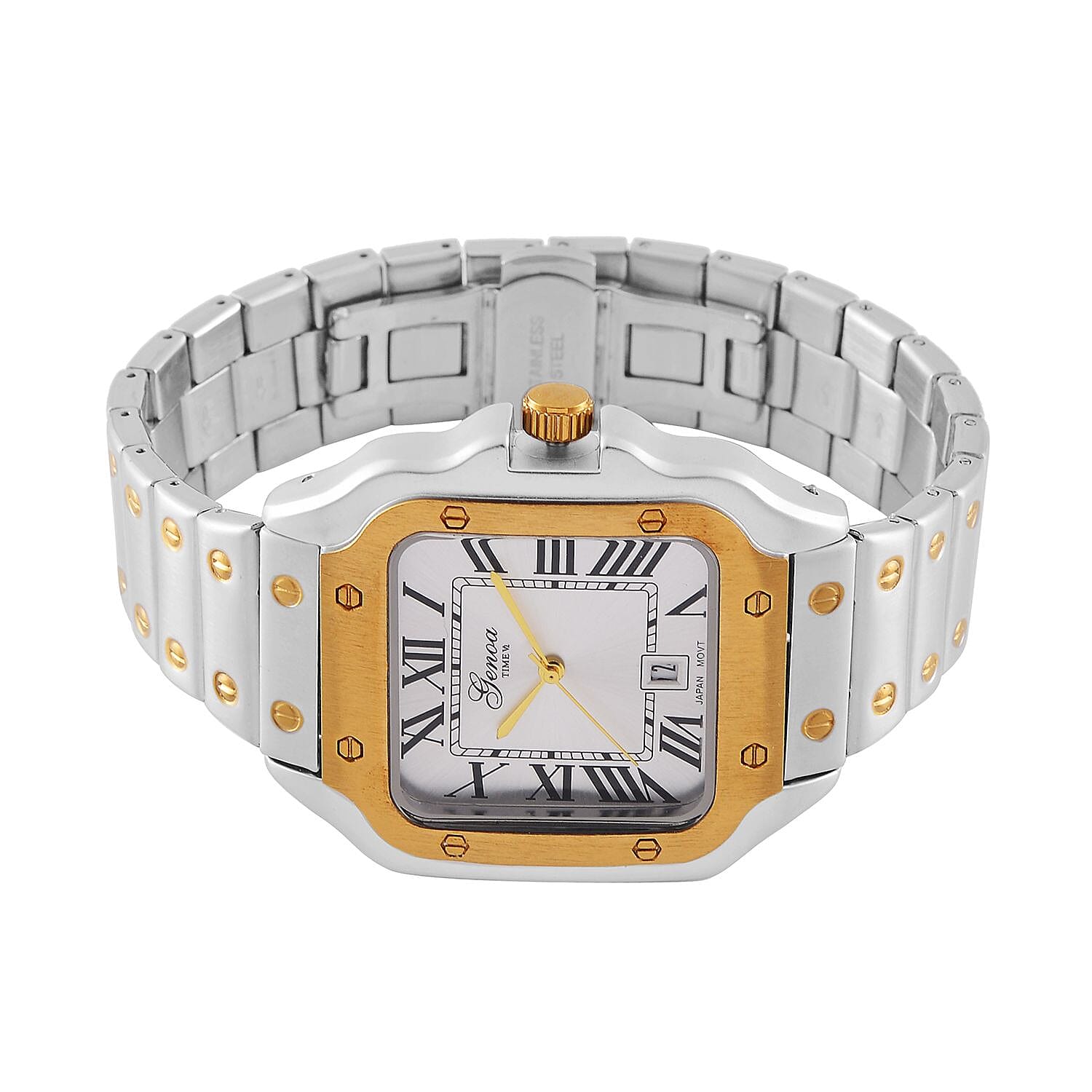 Designer Inspired Closeout - GENOA TIME V2 Japan Movt. Silver Sunshine Literal Dial with Date 3 ATM WR Watch in Stainless Steel Strap - Dual Tone