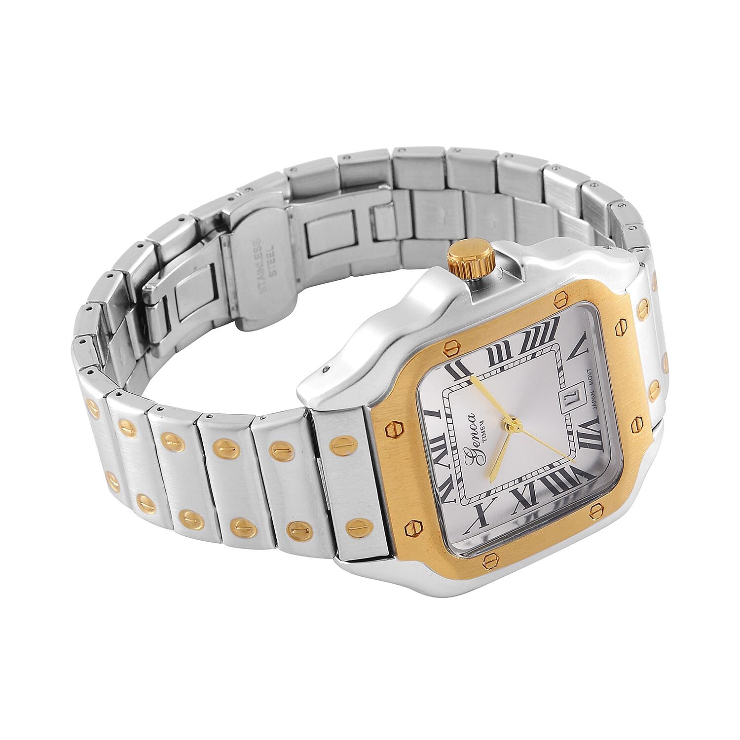 Designer Inspired Closeout - GENOA TIME V2 Japan Movt. Silver Sunshine Literal Dial with Date 3 ATM WR Watch in Stainless Steel Strap - Dual Tone