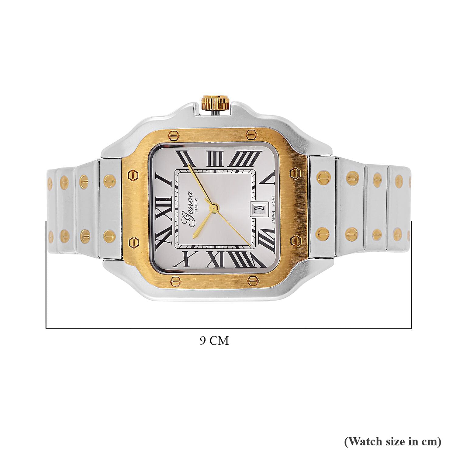 Designer Inspired Closeout - GENOA TIME V2 Japan Movt. Silver Sunshine Literal Dial with Date 3 ATM WR Watch in Stainless Steel Strap - Dual Tone