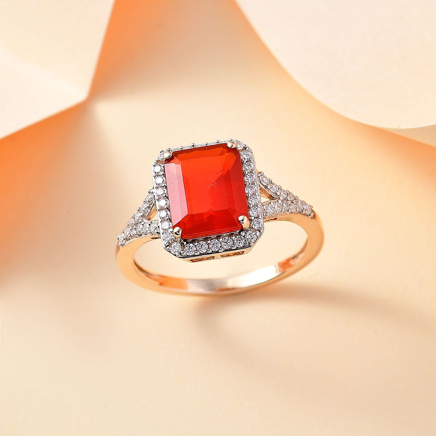 Monster Deal - 9K Yellow Gold AAA Cherry Fire Opal & Moissanite Ring 2.73 Ct. 2.71 GMS