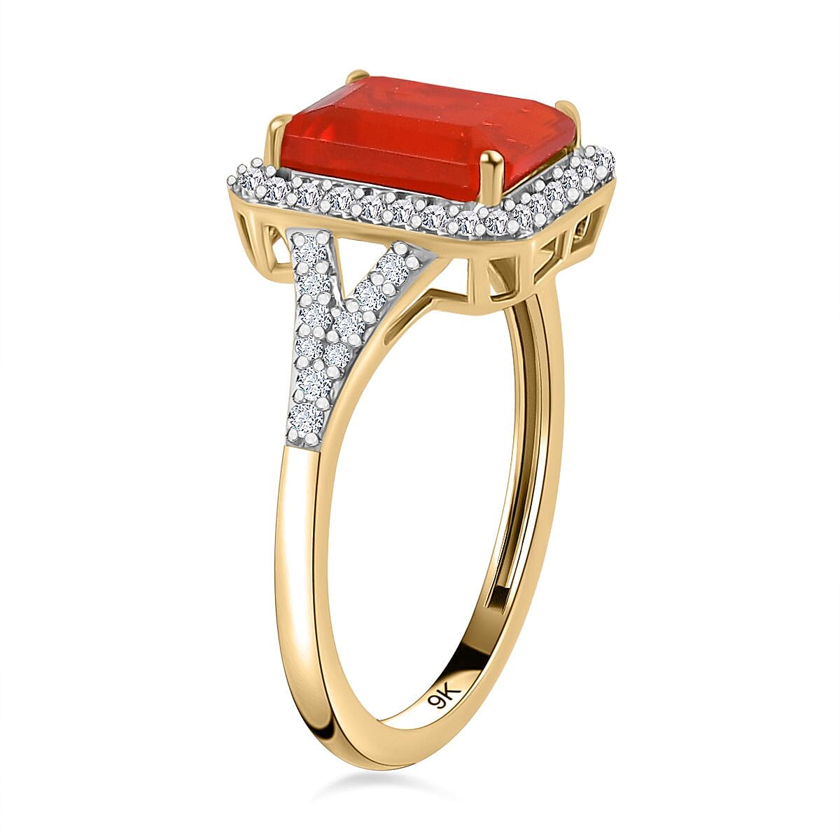 Monster Deal - 9K Yellow Gold AAA Cherry Fire Opal & Moissanite Ring 2.73 Ct. 2.71 GMS