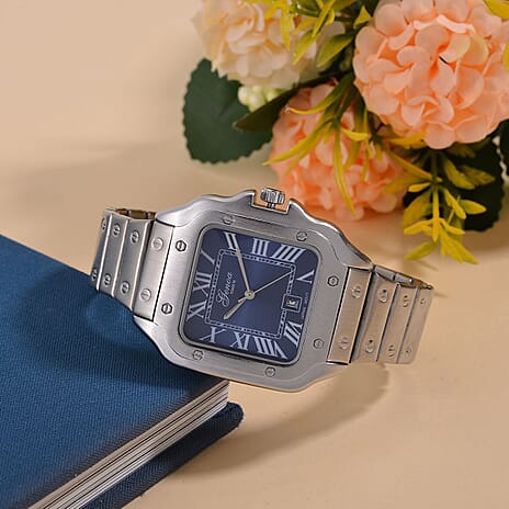 Designer Inspired Closeout- GENOA TIME V2 Japan Movt. Blue Sunshine Literal Dial with Date 3 ATM WR Watch in Stainless Steel Strap - Silver