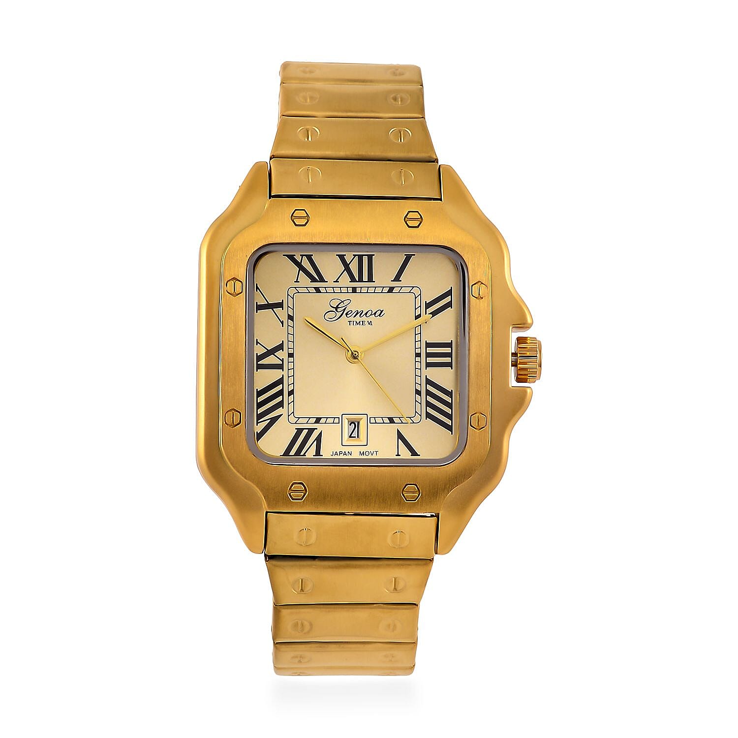 Designer Inspired Closeout - GENOA TIME V2 Japan Movt. Sunshine Literal Dial with Date 3 ATM WR Watch in Stainless Steel Strap - Golden