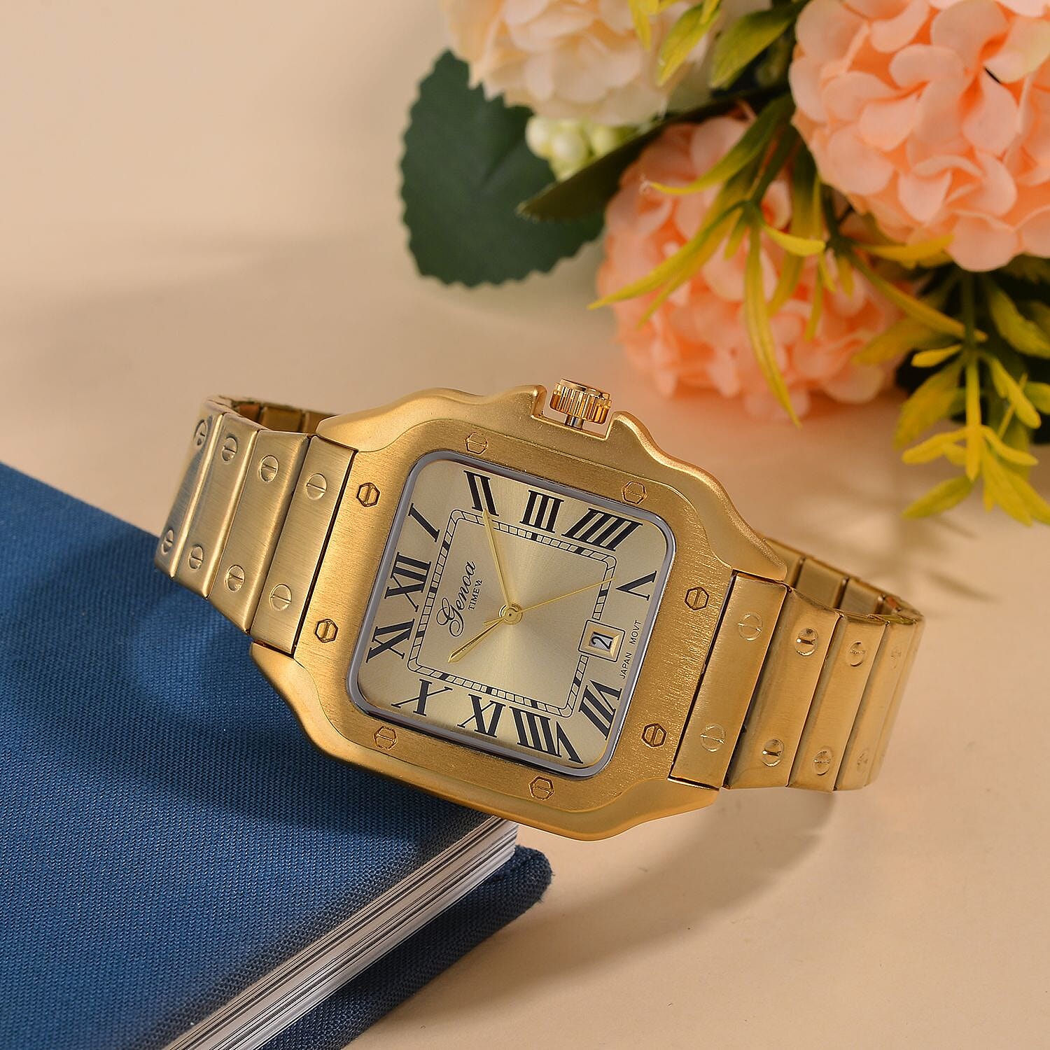 Designer Inspired Closeout - GENOA TIME V2 Japan Movt. Sunshine Literal Dial with Date 3 ATM WR Watch in Stainless Steel Strap - Golden