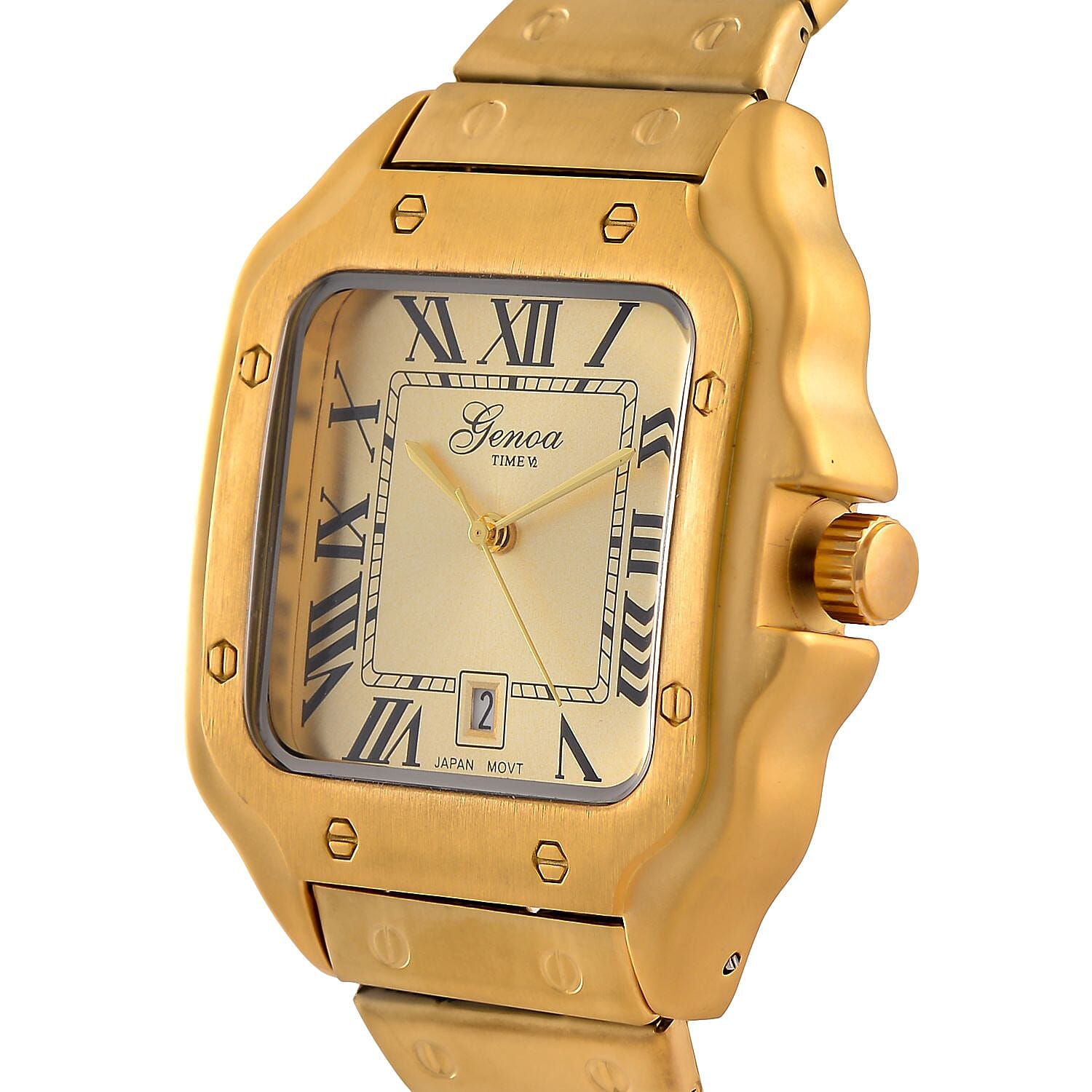 Designer Inspired Closeout - GENOA TIME V2 Japan Movt. Sunshine Literal Dial with Date 3 ATM WR Watch in Stainless Steel Strap - Golden