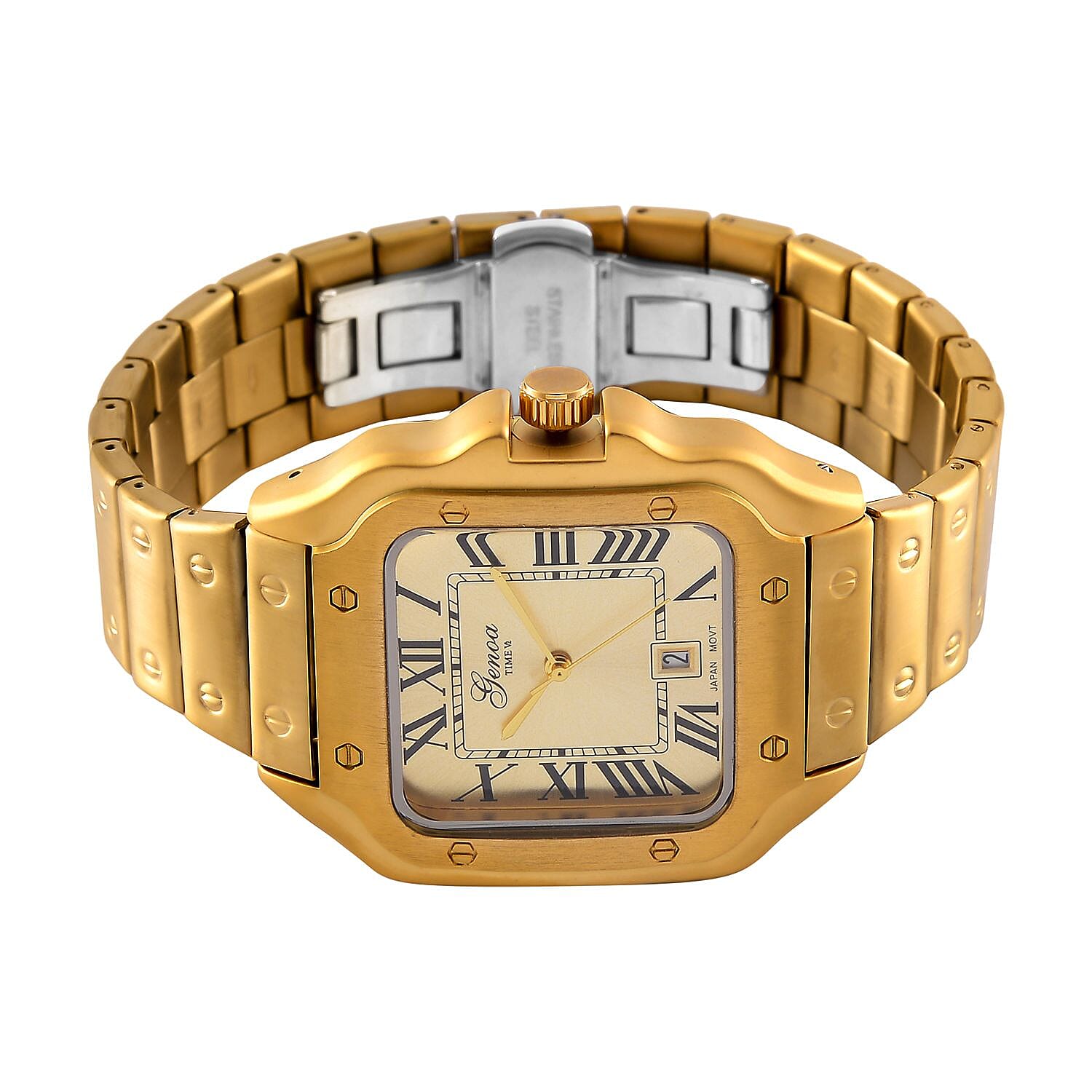 Designer Inspired Closeout - GENOA TIME V2 Japan Movt. Sunshine Literal Dial with Date 3 ATM WR Watch in Stainless Steel Strap - Golden