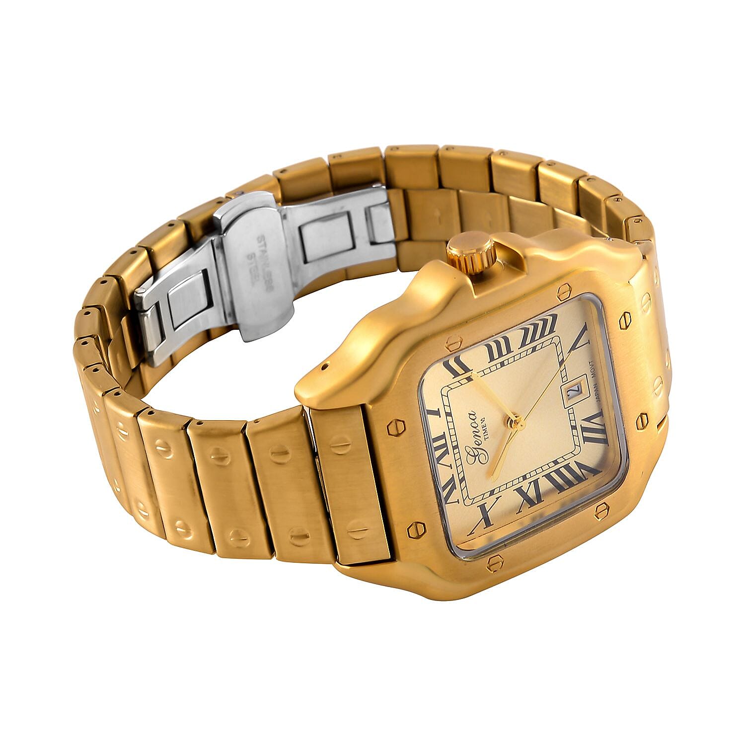 Designer Inspired Closeout - GENOA TIME V2 Japan Movt. Sunshine Literal Dial with Date 3 ATM WR Watch in Stainless Steel Strap - Golden