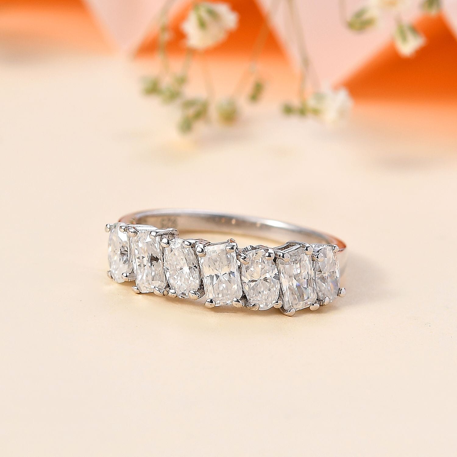 Moissanite 7 Stone Ring in Rhodium Overlay Sterling Silver 1.56 Ct