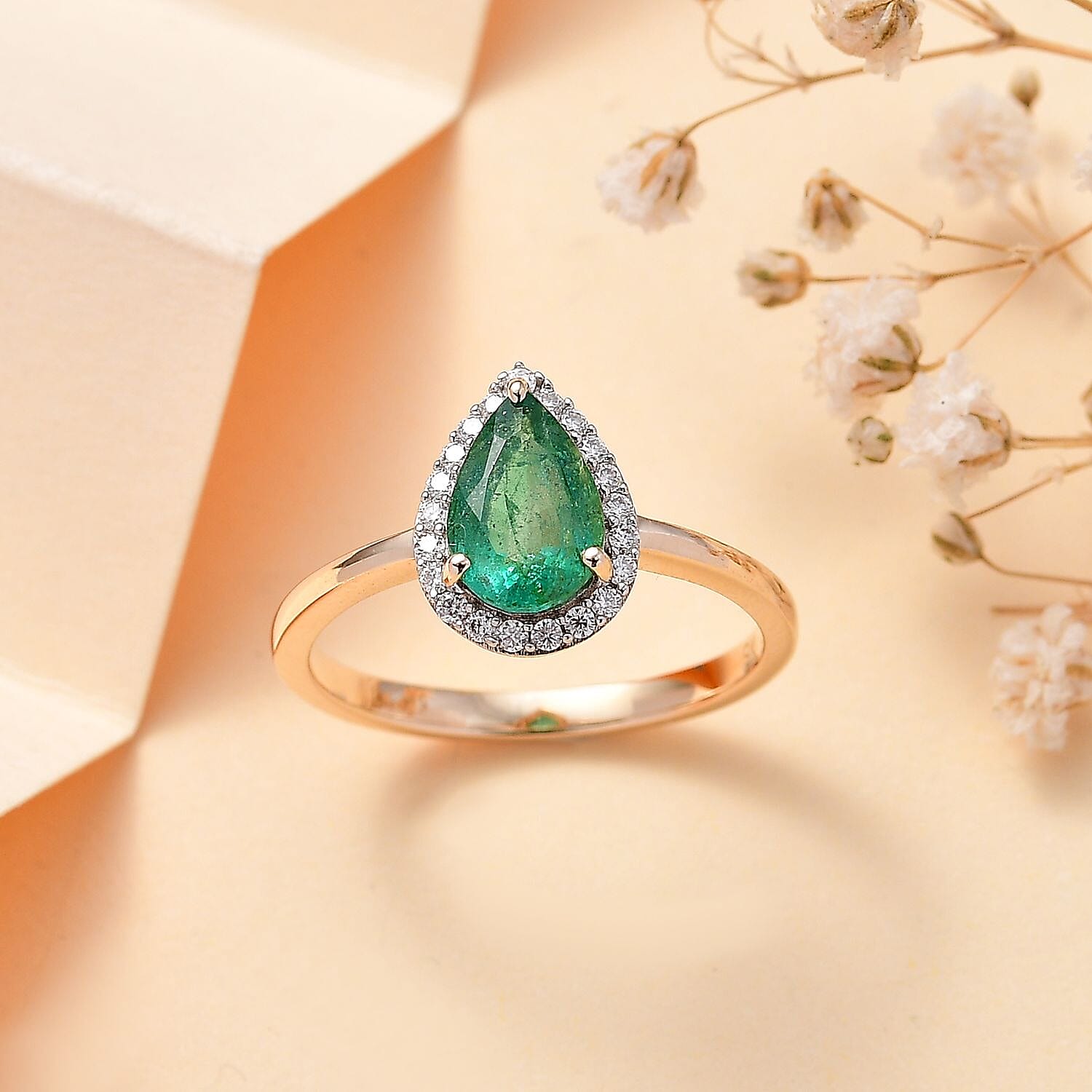 9K Yellow Gold AAA Gemfileds Premium Zambian Emerald & Moissanite Ring 1.37 Ct