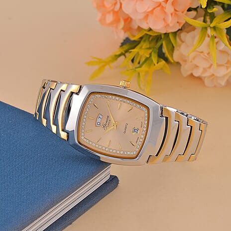 GENOA Japan Movt. 3ATM WR Golden Dial Crystal Studded Watch with Stainless Steel Strap in Dual Tone