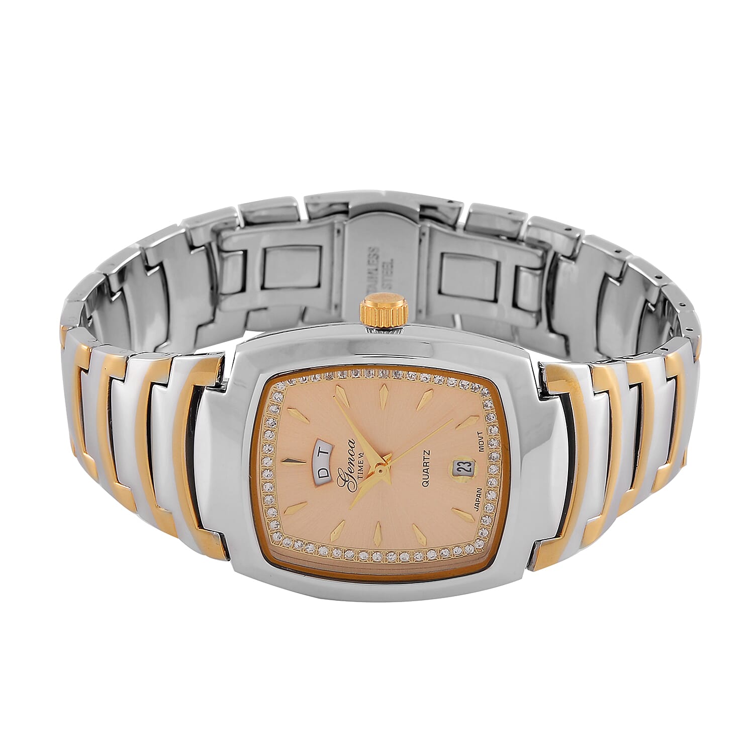 GENOA Japan Movt. 3ATM WR Golden Dial Crystal Studded Watch with Stainless Steel Strap in Dual Tone
