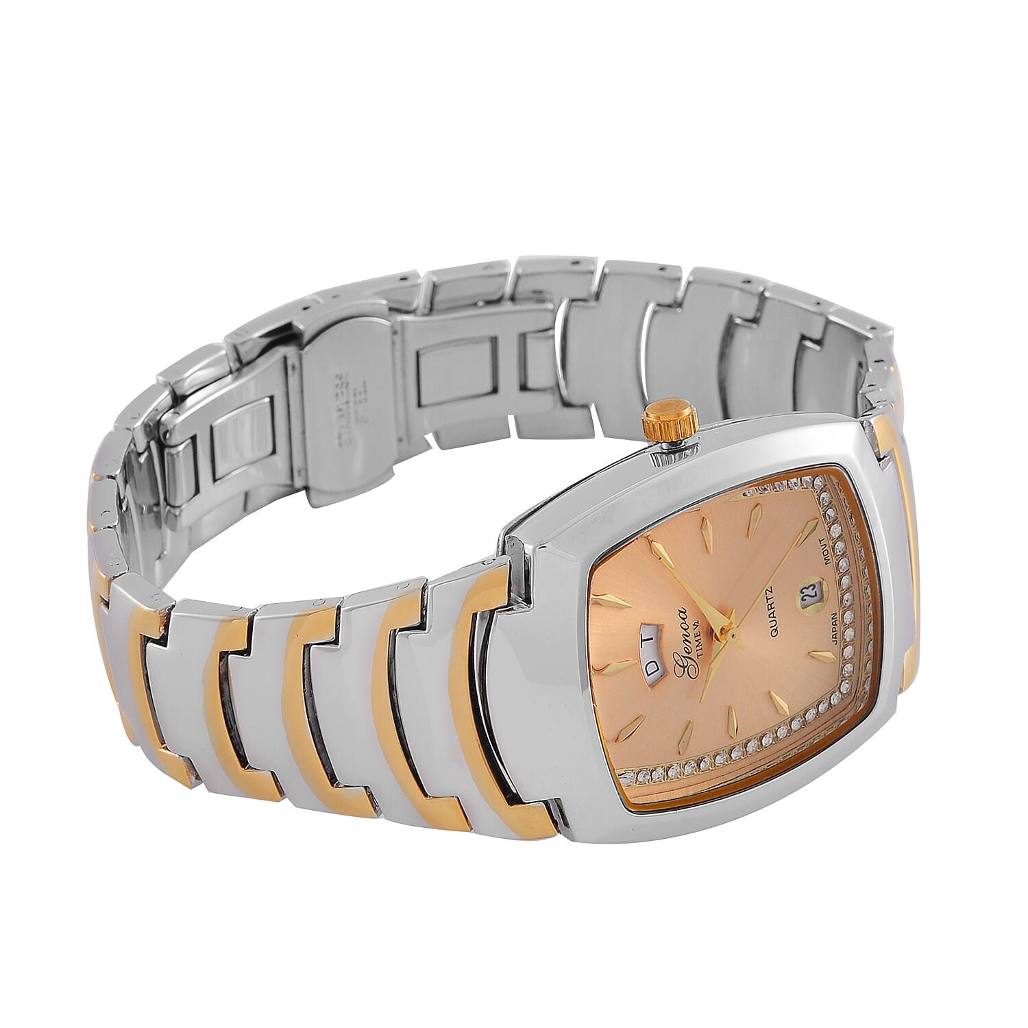 GENOA Japan Movt. 3ATM WR Golden Dial Crystal Studded Watch with Stainless Steel Strap in Dual Tone