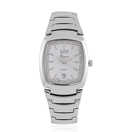 GENOA Japan Movt. 3ATM WR White Dial Crystal Studded Watch with Stainless Steel Strap in Silver Tone
