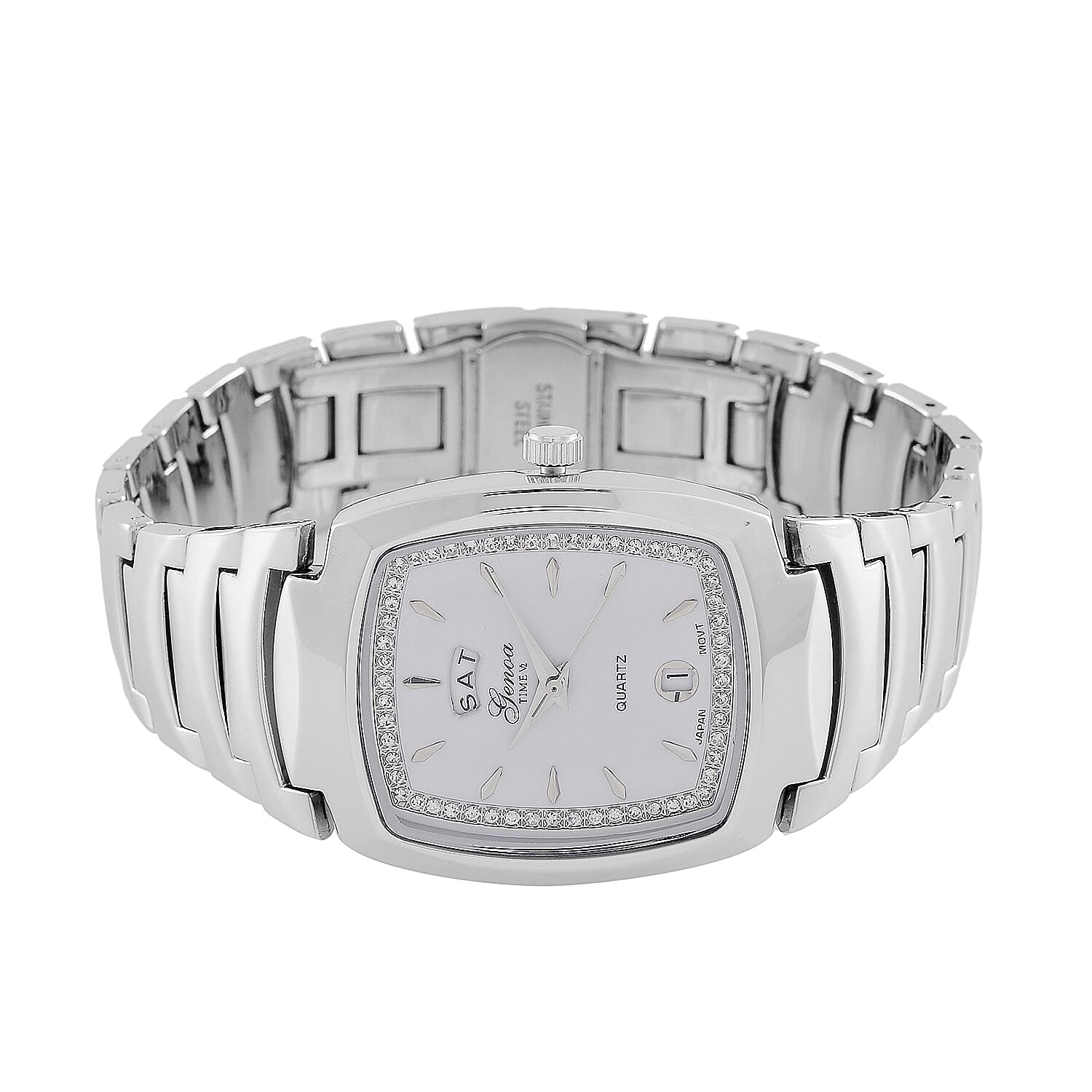 GENOA Japan Movt. 3ATM WR White Dial Crystal Studded Watch with Stainless Steel Strap in Silver Tone GENOA Japan Movt. 3ATM WR White Dial Crystal Studded Watch with Stainless Steel Strap in Silver Tone