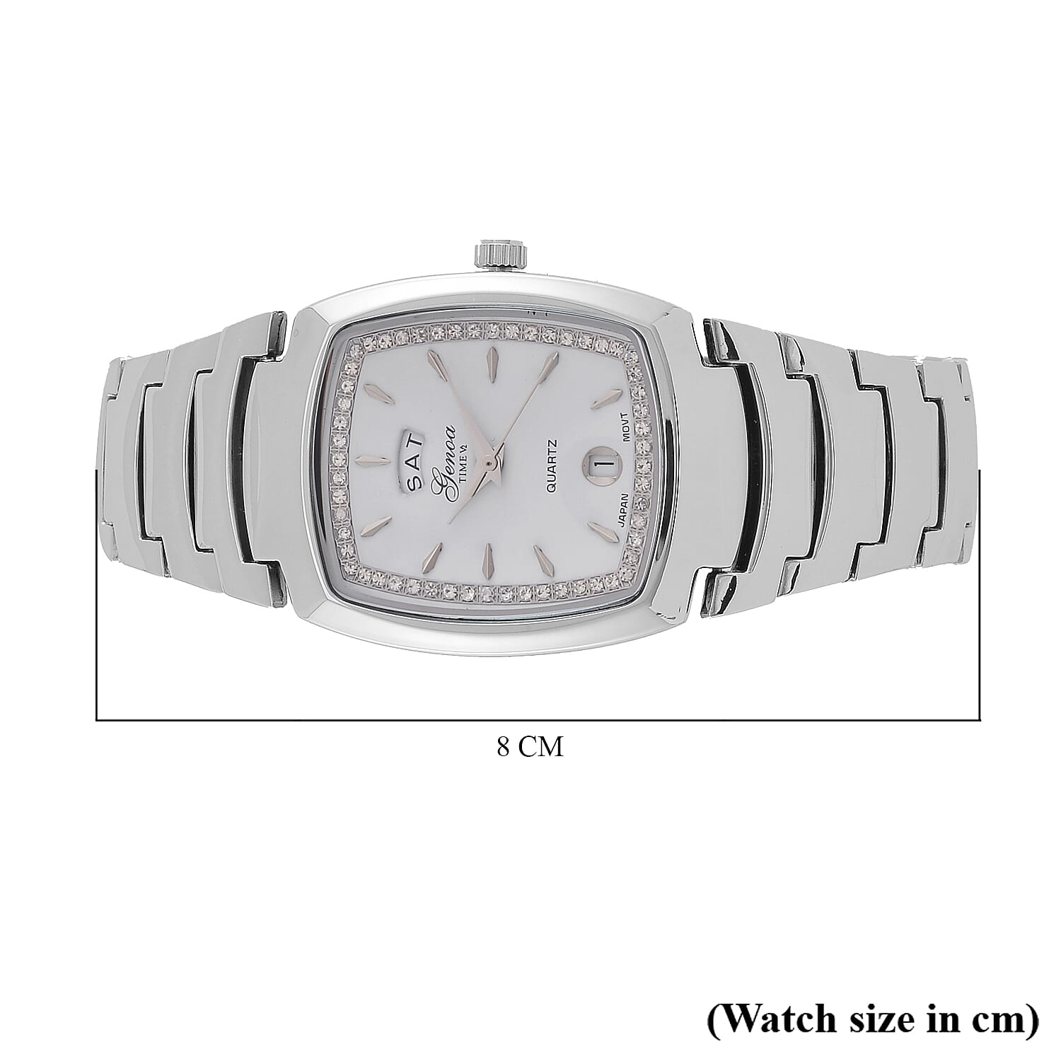 GENOA Japan Movt. 3ATM WR White Dial Crystal Studded Watch with Stainless Steel Strap in Silver Tone GENOA Japan Movt. 3ATM WR White Dial Crystal Studded Watch with Stainless Steel Strap in Silver Tone