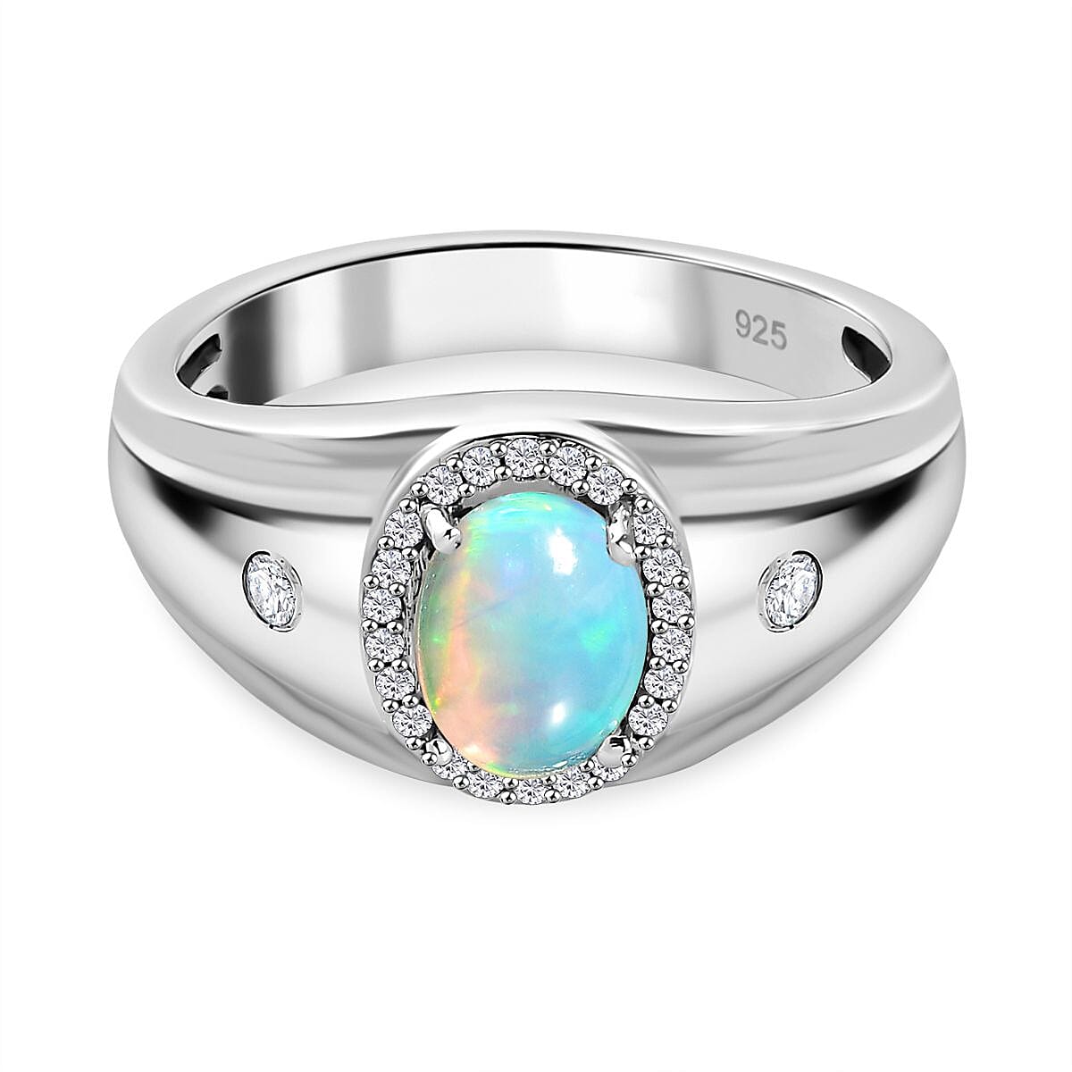 Ethiopian Opal, Natural Zircon Signet Ring in Platinum Overlay Sterling Silver 1.09 Ct, Silver Wt. 7.6 Grams
