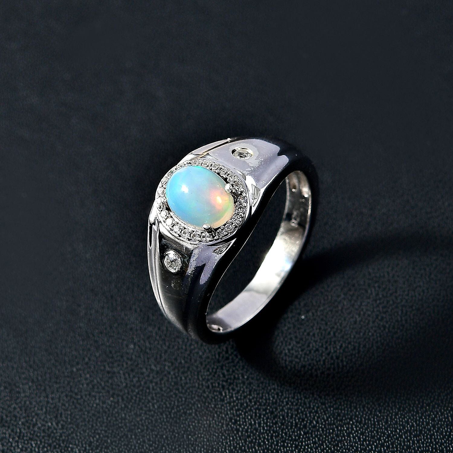 Ethiopian Opal, Natural Zircon Signet Ring in Platinum Overlay Sterling Silver 1.09 Ct, Silver Wt. 7.6 Grams