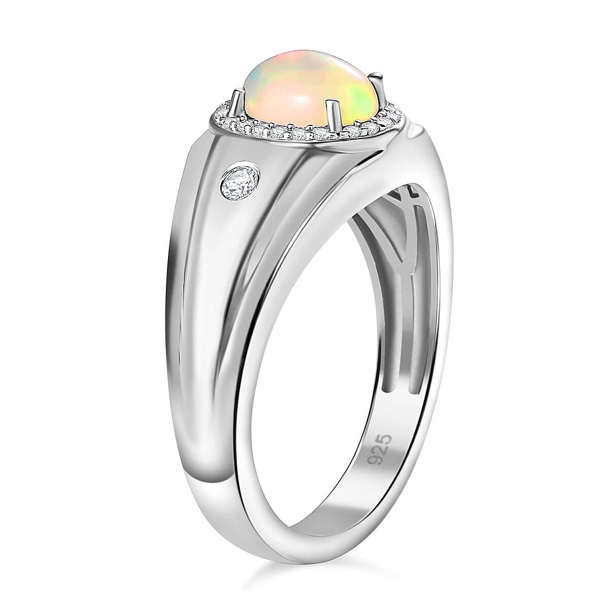 Ethiopian Opal, Natural Zircon Signet Ring in Platinum Overlay Sterling Silver 1.09 Ct, Silver Wt. 7.6 Grams