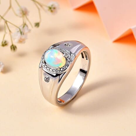 Ethiopian Opal, Natural Zircon Signet Ring in Platinum Overlay Sterling Silver 1.09 Ct, Silver Wt. 7.6 Grams