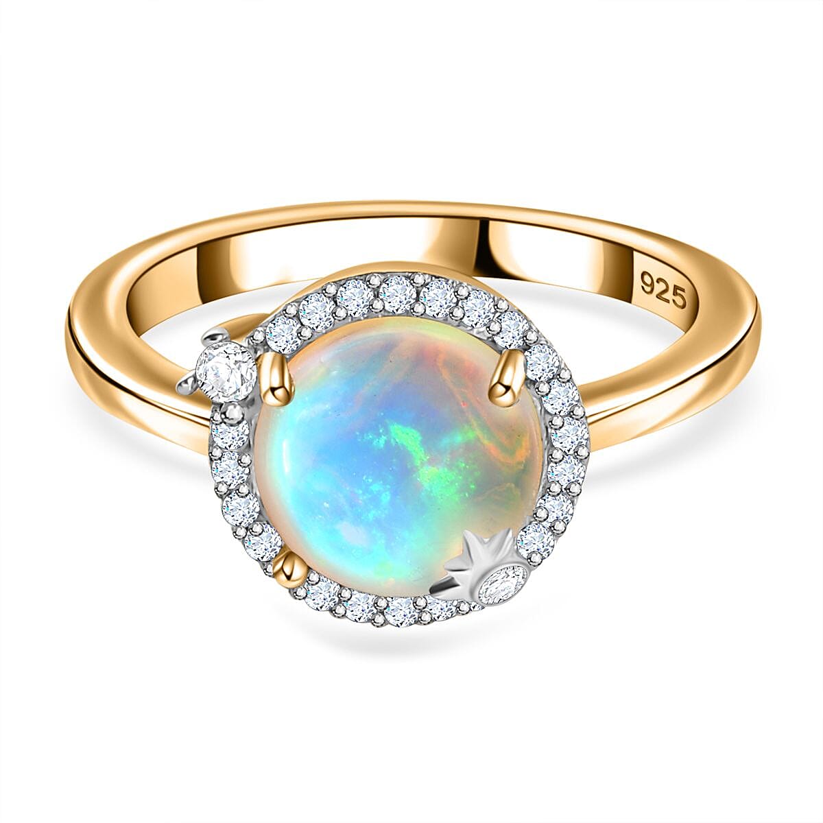 Ethiopian Welo Opal & Natural Zircon Ring in 18K YG Vermeil Plated Sterling Silver 1.45 Ct
