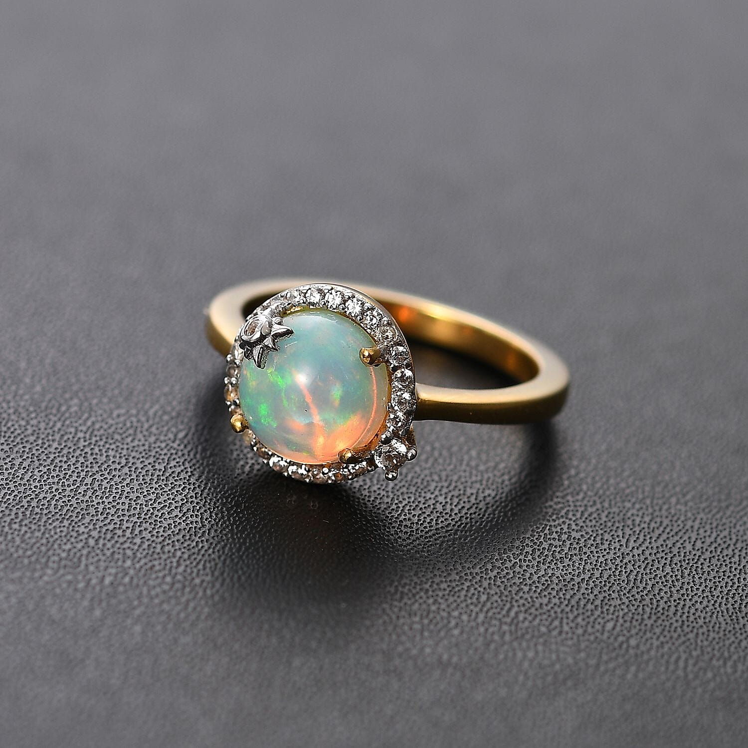 Ethiopian Welo Opal & Natural Zircon Ring in 18K YG Vermeil Plated Sterling Silver 1.45 Ct