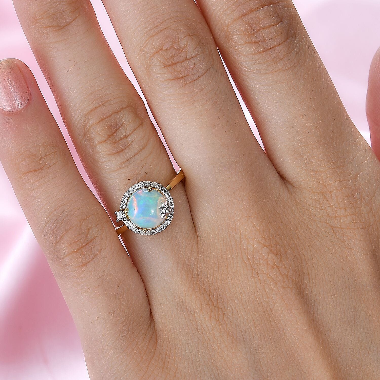 Ethiopian Welo Opal & Natural Zircon Ring in 18K YG Vermeil Plated Sterling Silver 1.45 Ct