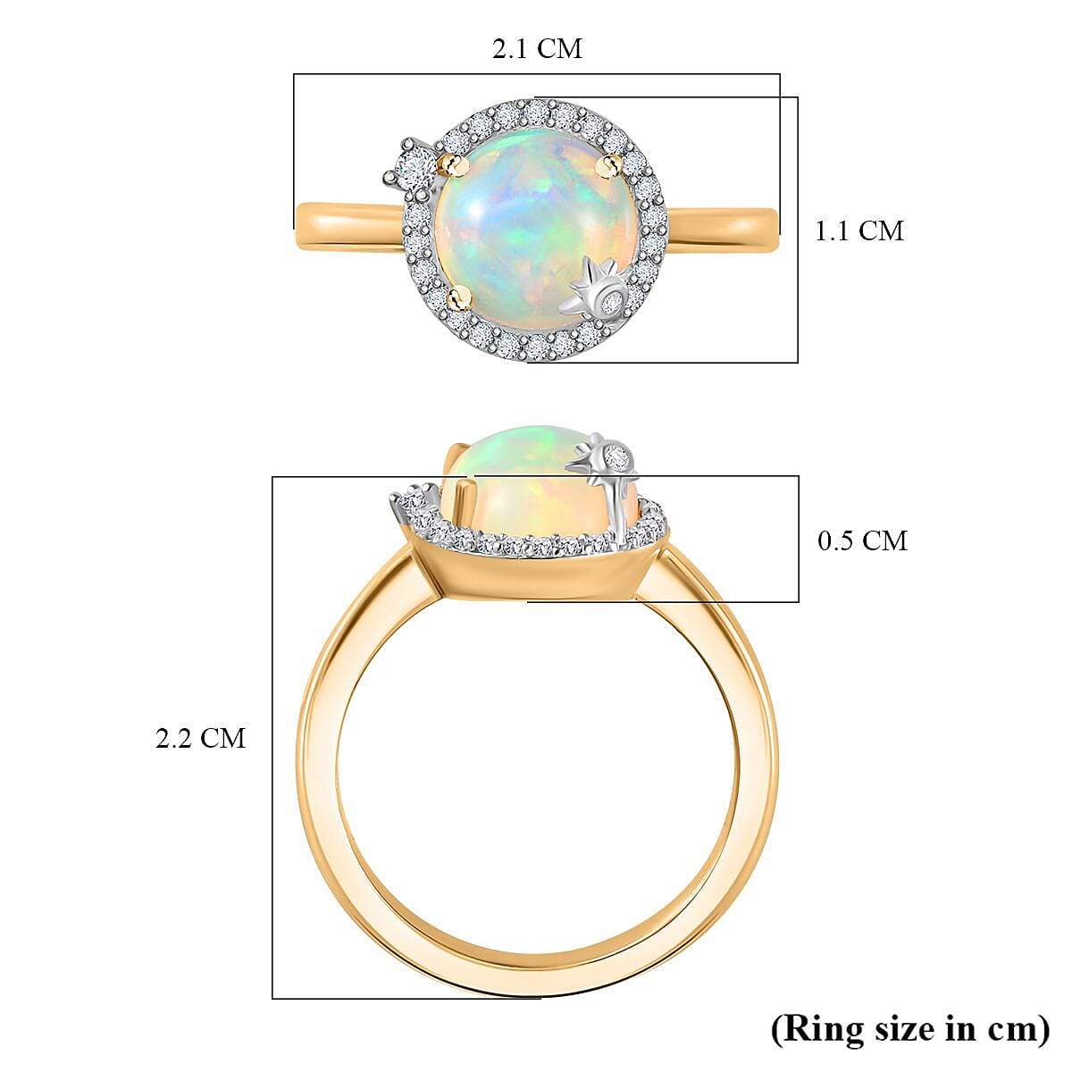 Ethiopian Welo Opal & Natural Zircon Ring in 18K YG Vermeil Plated Sterling Silver 1.45 Ct