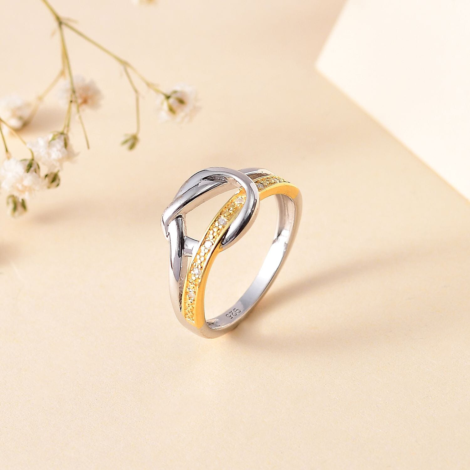 White Diamond Ring in Yellow Gold Plated & Platinum Overlay Sterling Silver