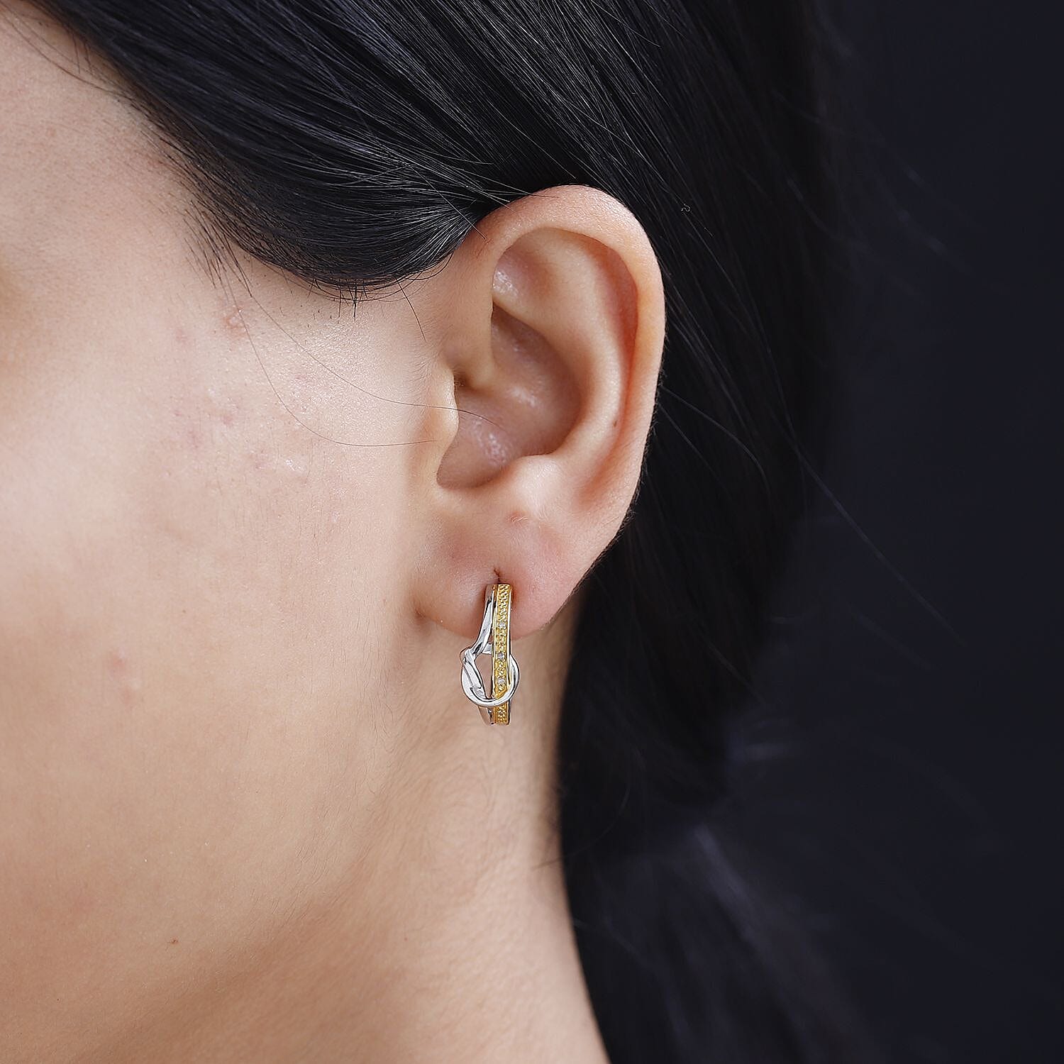 White Diamond Stud Push Back Earrings in Yellow Gold Plated & Platinum Overlay Sterling Silver