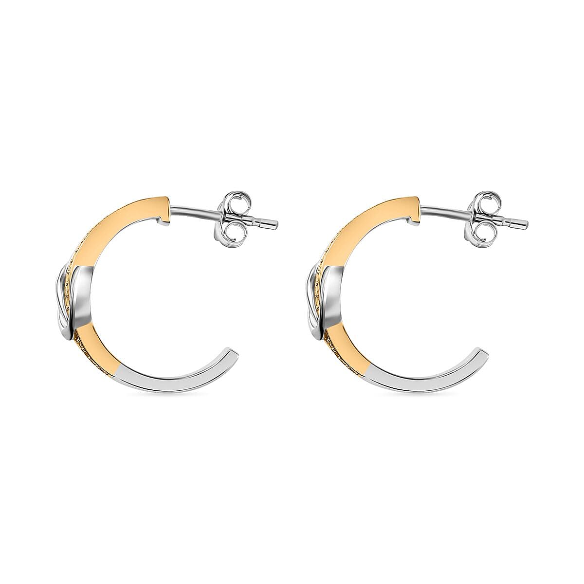 White Diamond Stud Push Back Earrings in Yellow Gold Plated & Platinum Overlay Sterling Silver