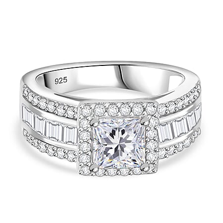 Moissanite Princess Cut Halo Ring in Rhodium Overlay Sterling Silver 2.36 ct Moissanite Princess Cut Halo Ring in Rhodium Overlay Sterling Silver 2.36 ct
