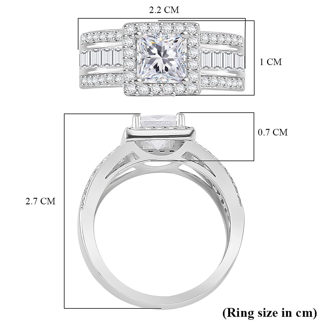 Moissanite Princess Cut Halo Ring in Rhodium Overlay Sterling Silver 2.36 ct Moissanite Princess Cut Halo Ring in Rhodium Overlay Sterling Silver 2.36 ct