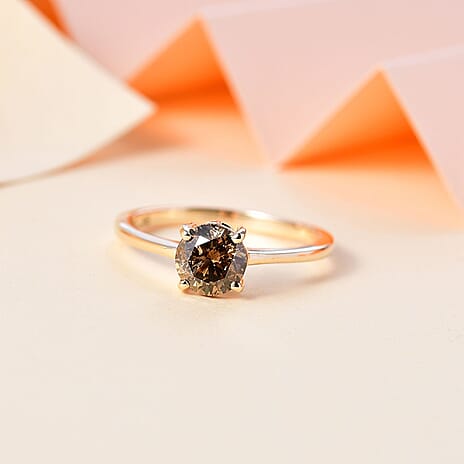 JCK Vegas Find- 9K Yellow Gold Certified Natural Champagne Diamond Solitaire Ring 1.00 Cts.